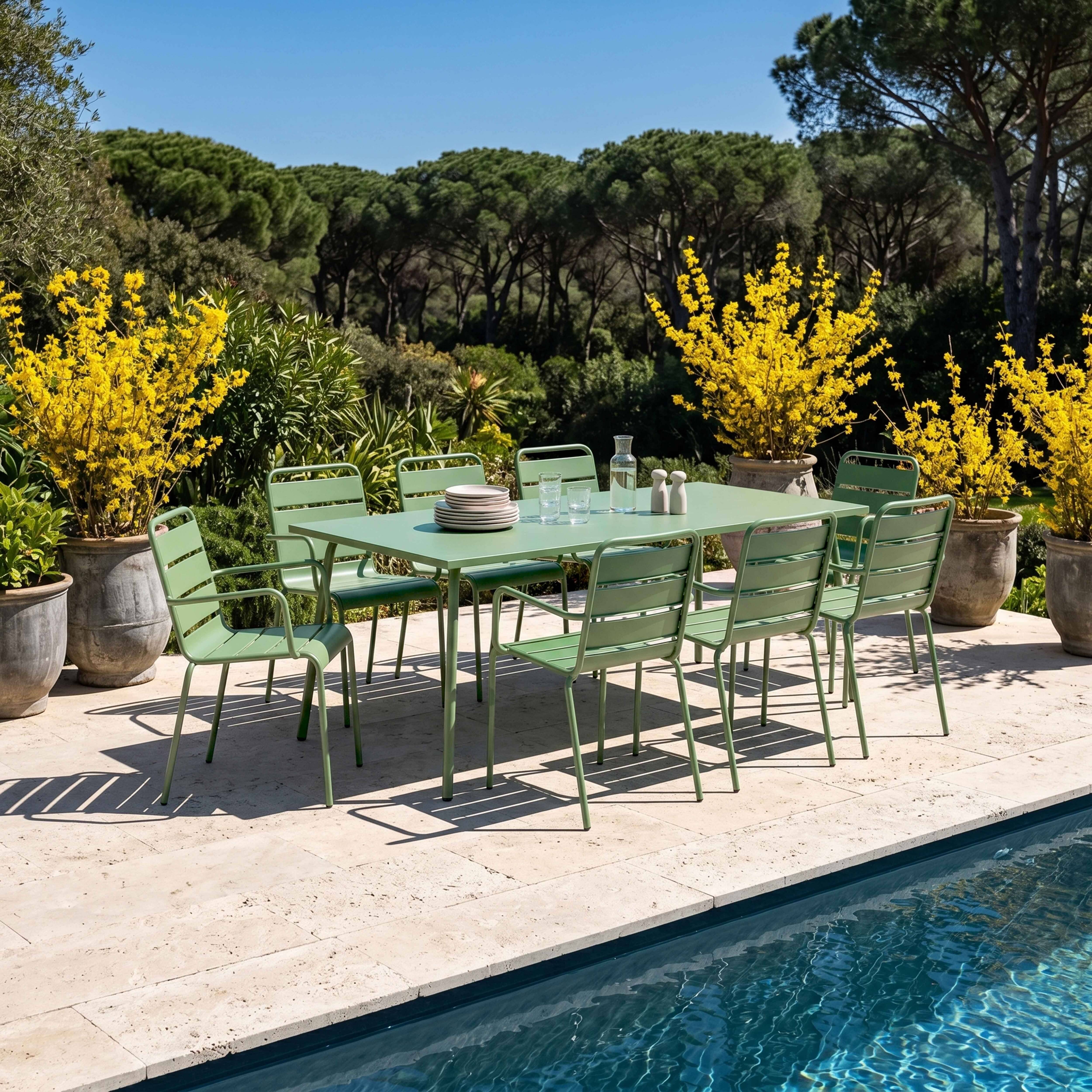 Oviala - Ensemble table de jardin et 8 fauteuils en métal vert cactus Palavas - Oviala - Imagen 2