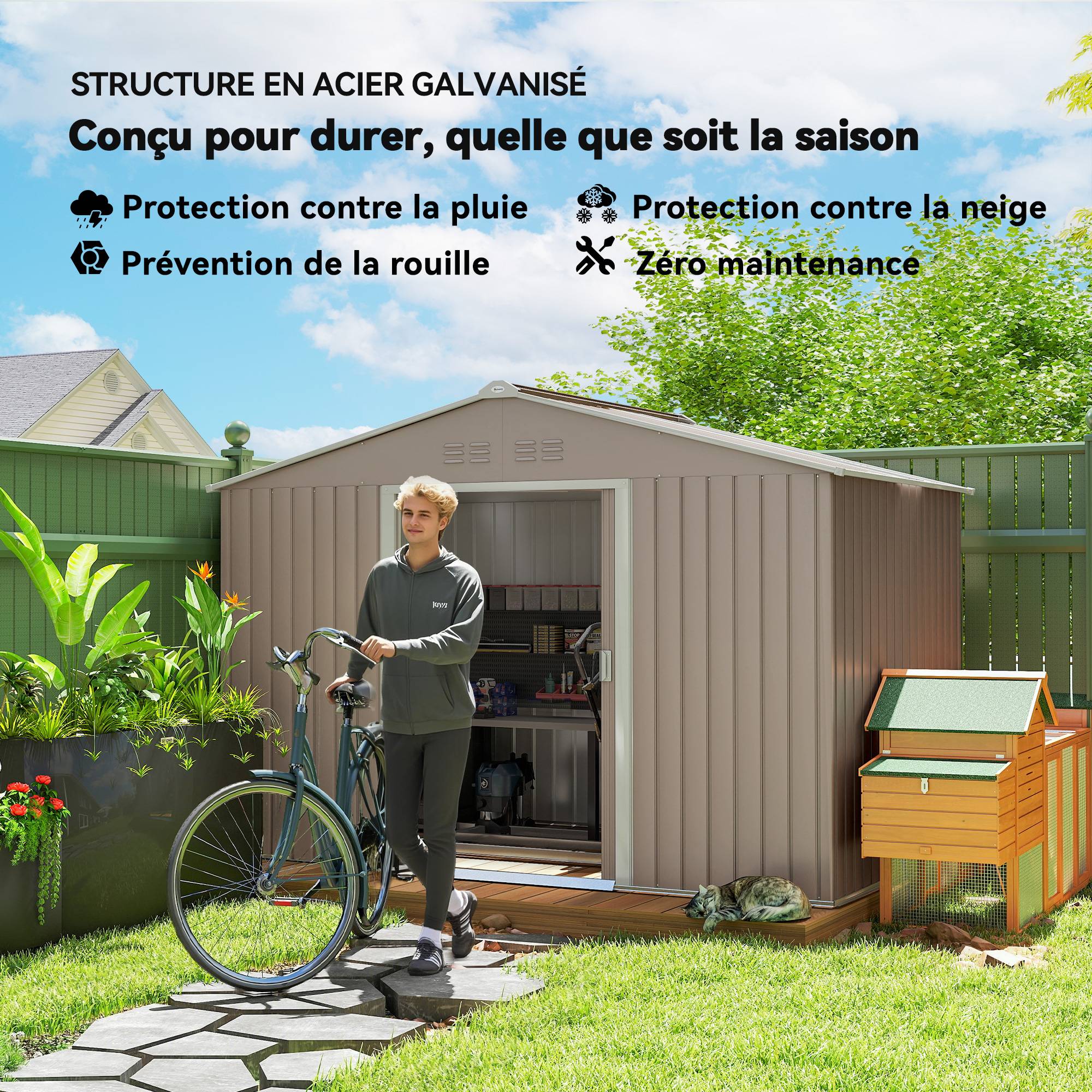 Abri de jardin 5,4 m² 2,77 x 1,95 x 1,92 m kit de fondation porte coulissante ventilations tôle acier, gris clair - Image 7
