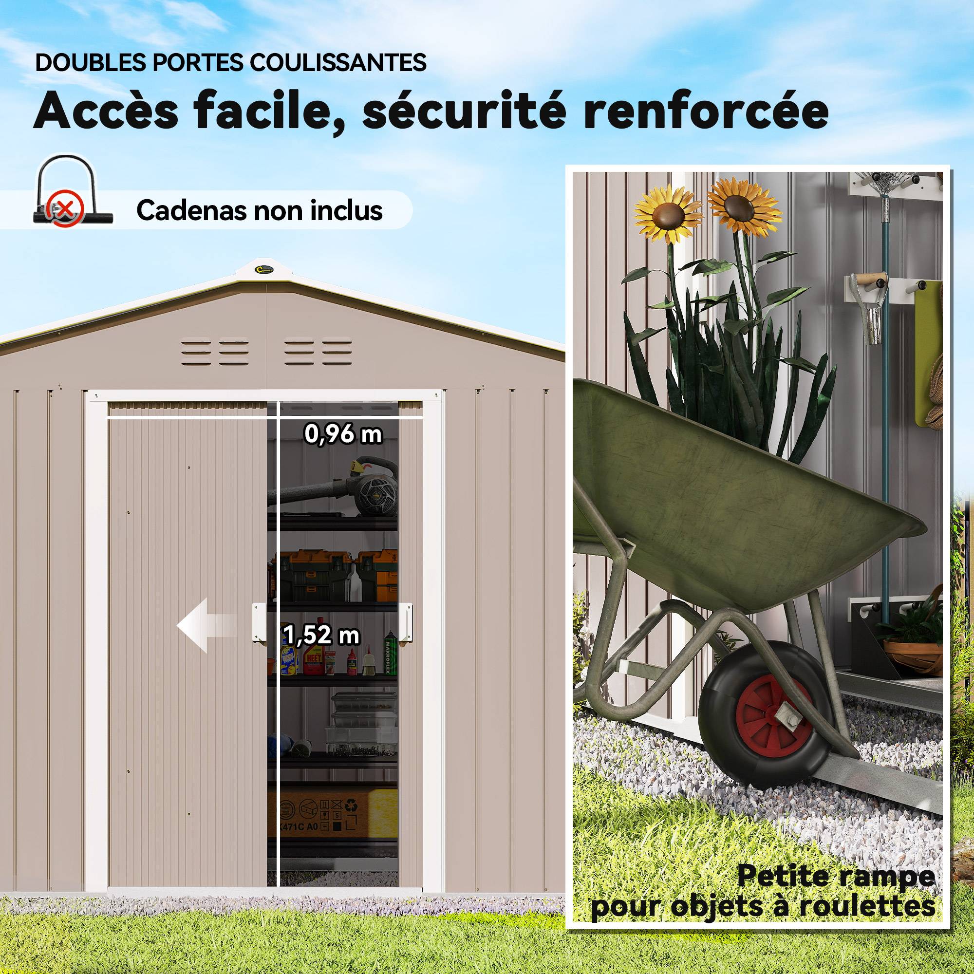 Abri de jardin 5,4 m² 2,77 x 1,95 x 1,92 m kit de fondation porte coulissante ventilations tôle acier, gris clair - Image 8