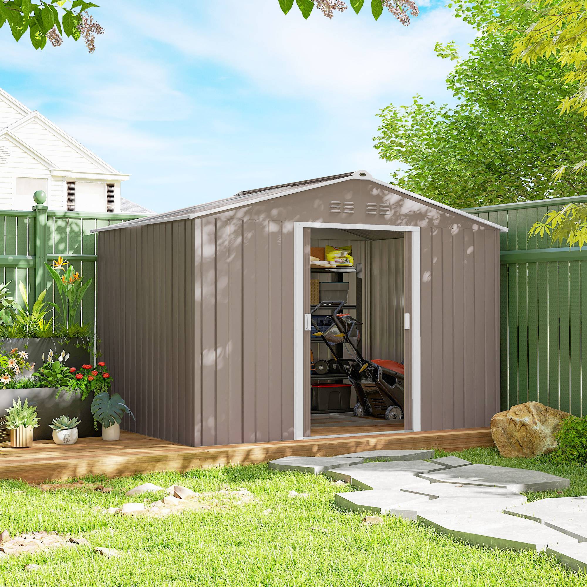 Abri de jardin 5,4 m² 2,77 x 1,95 x 1,92 m kit de fondation porte coulissante ventilations tôle acier, gris clair - Image 4