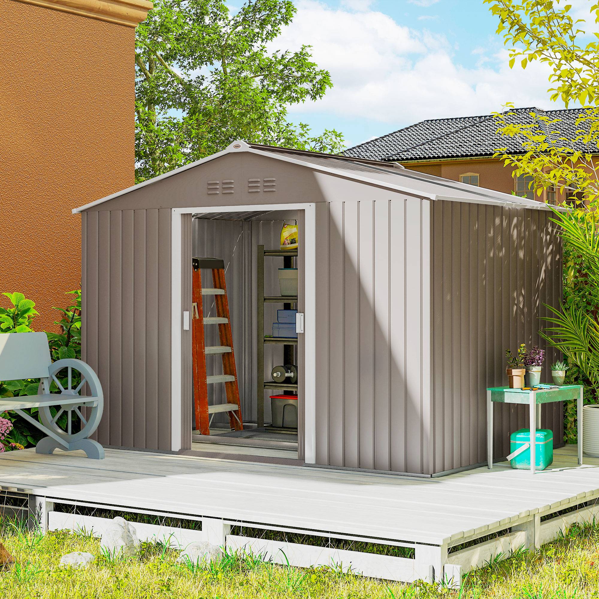 Abri de jardin 5,4 m² 2,77 x 1,95 x 1,92 m kit de fondation porte coulissante ventilations tôle acier, gris clair - Image 3