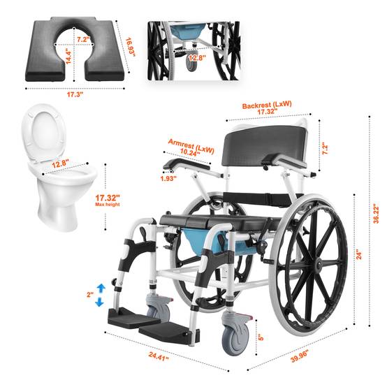 Vevor - VEVOR Fauteuil roulant de douche en aluminium 440mm, charge 136kg, réglable avec frein pour handicapés. - Image 2
