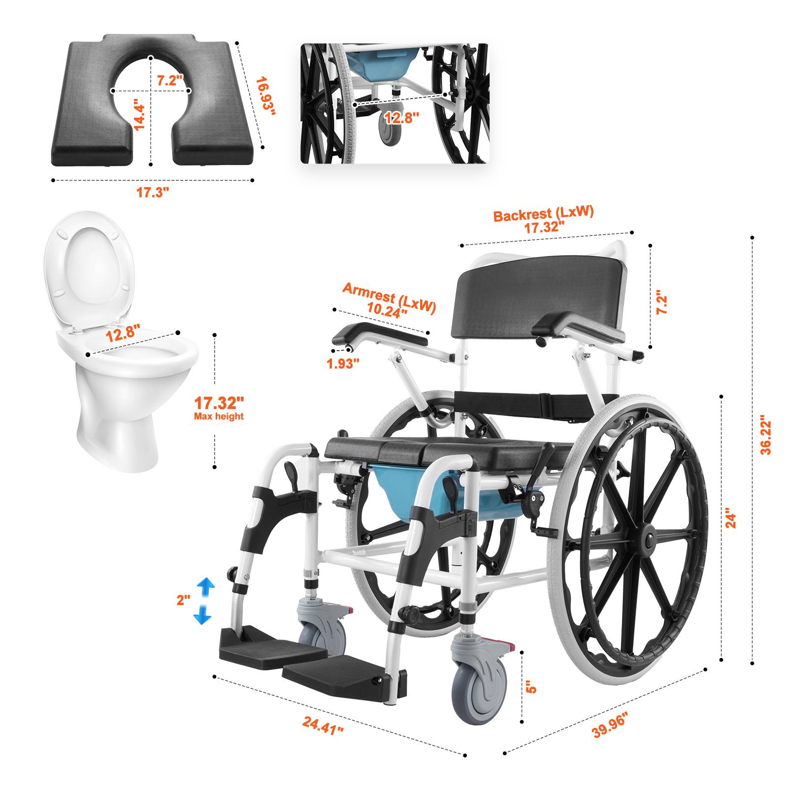 Vevor - VEVOR Fauteuil roulant de douche en aluminium 440mm, charge 136kg, réglable avec frein pour handicapés. - Image 2