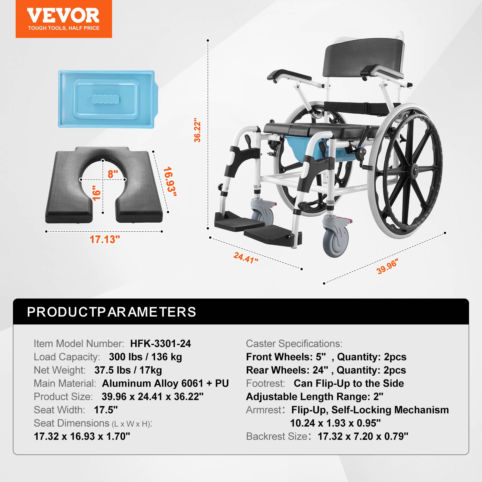 Vevor - VEVOR Fauteuil roulant de douche en aluminium 440mm, charge 136kg, réglable avec frein pour handicapés. - Image 7