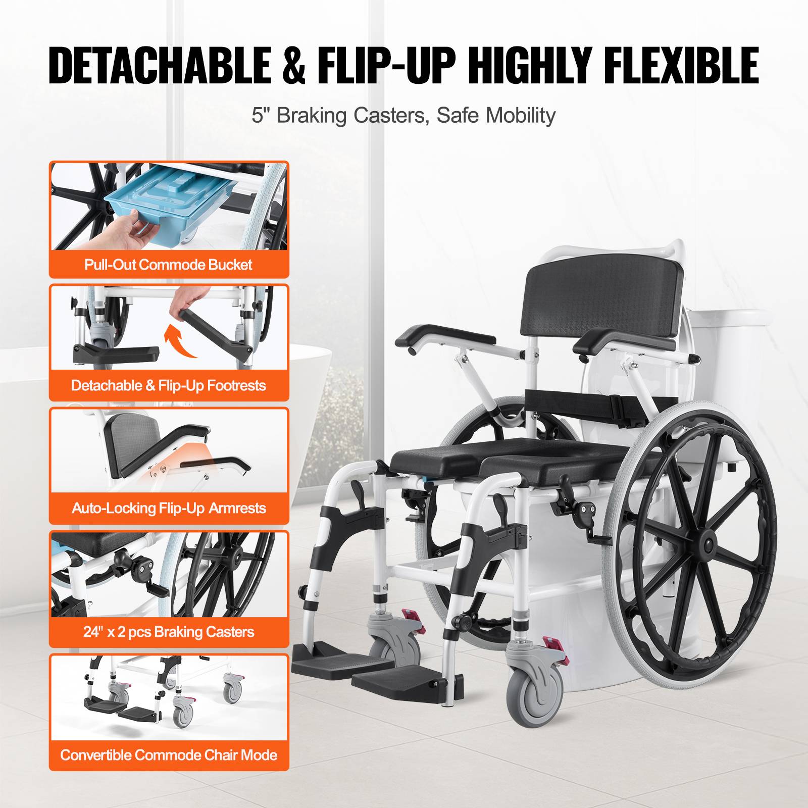 Vevor - VEVOR Fauteuil roulant de douche en aluminium 440mm, charge 136kg, réglable avec frein pour handicapés. - Image 5