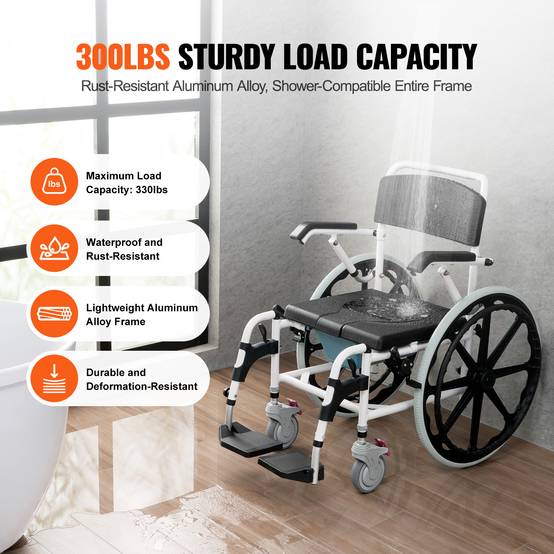 Vevor - VEVOR Fauteuil roulant de douche en aluminium 440mm, charge 136kg, réglable avec frein pour handicapés. - Image 3