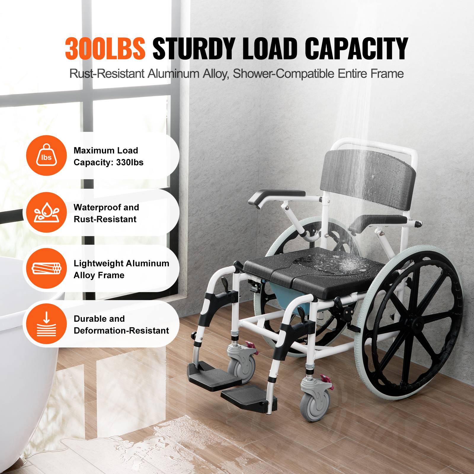 Vevor - VEVOR Fauteuil roulant de douche en aluminium 440mm, charge 136kg, réglable avec frein pour handicapés. - Image 3