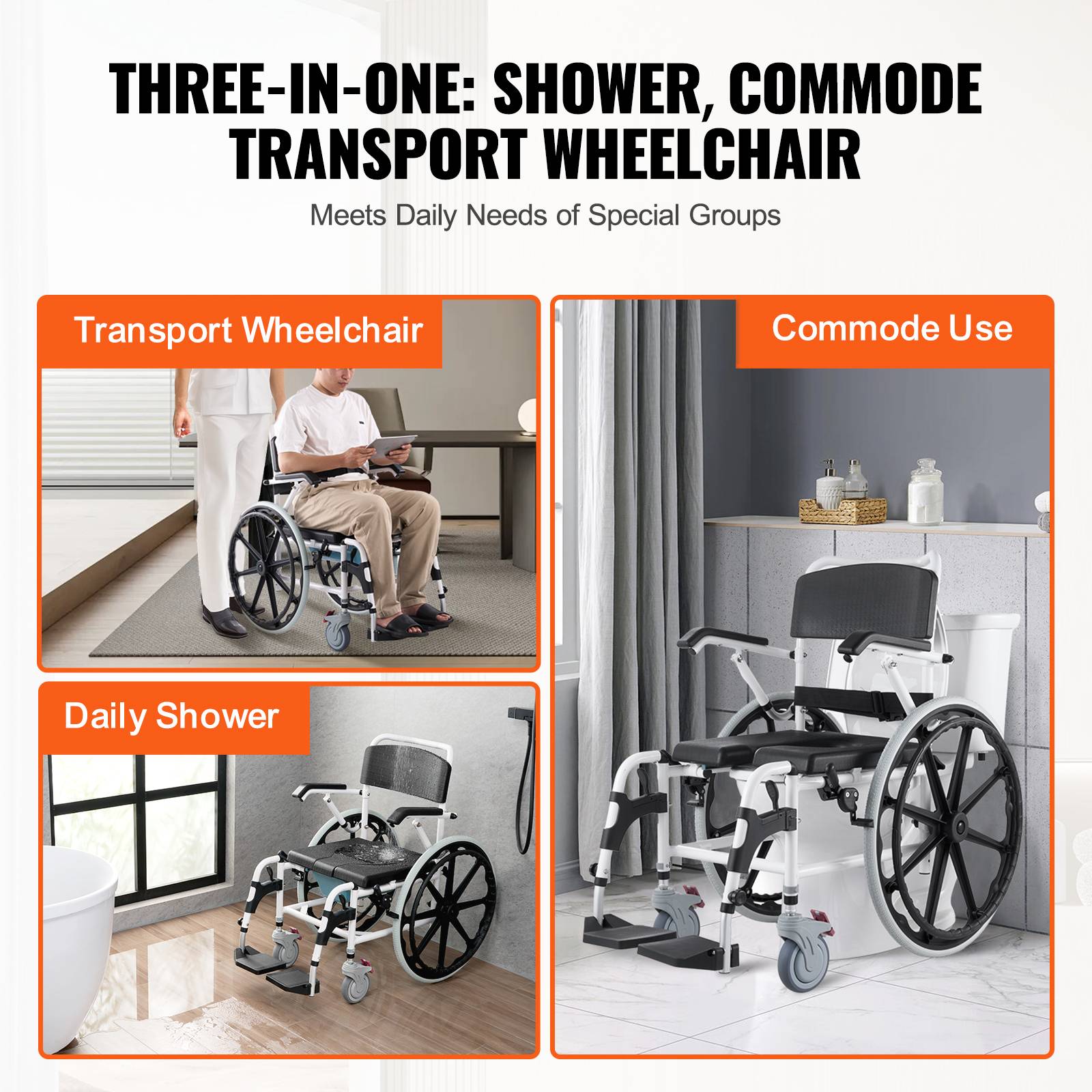 Vevor - VEVOR Fauteuil roulant de douche en aluminium 440mm, charge 136kg, réglable avec frein pour handicapés. - Image 6