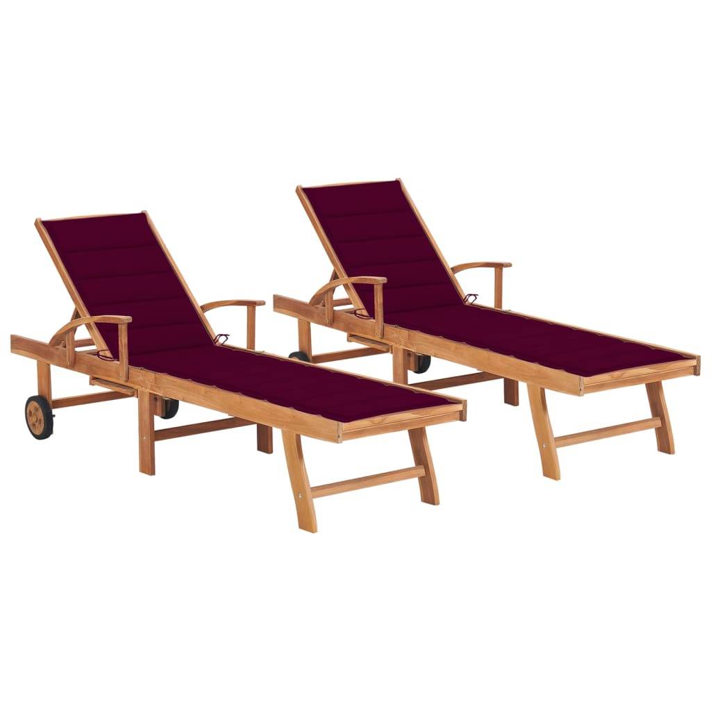 Helloshop26 - Lot de 2 transats chaise longue bain de soleil lit de jardin terrasse meuble d'extérieur 195 cm avec coussin rouge bordeaux teck solide - Imagen 1
