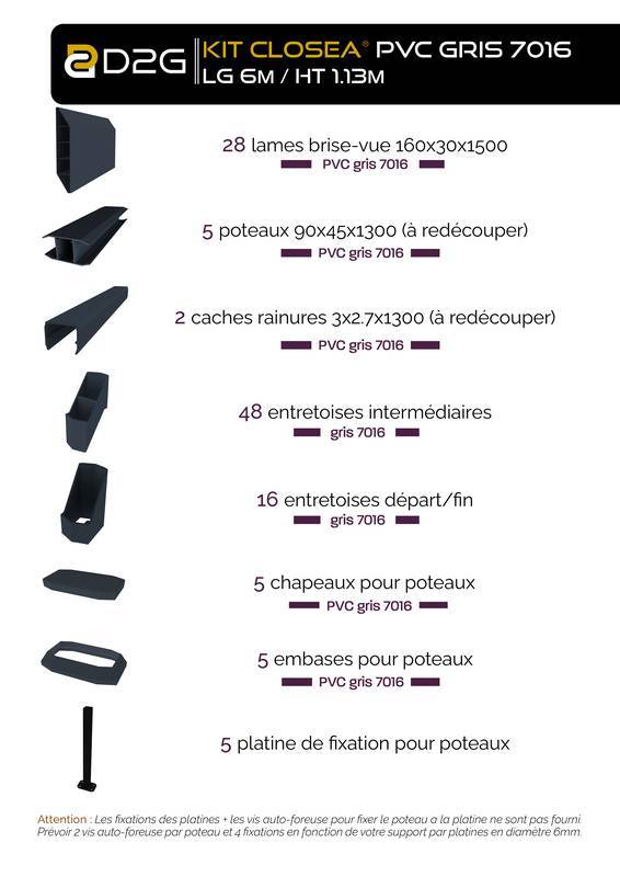 Closea - Kit cloture - Lame 16cm  - PVC Gris - LG: 6m x H: 1m13 Closea - Imagen 4