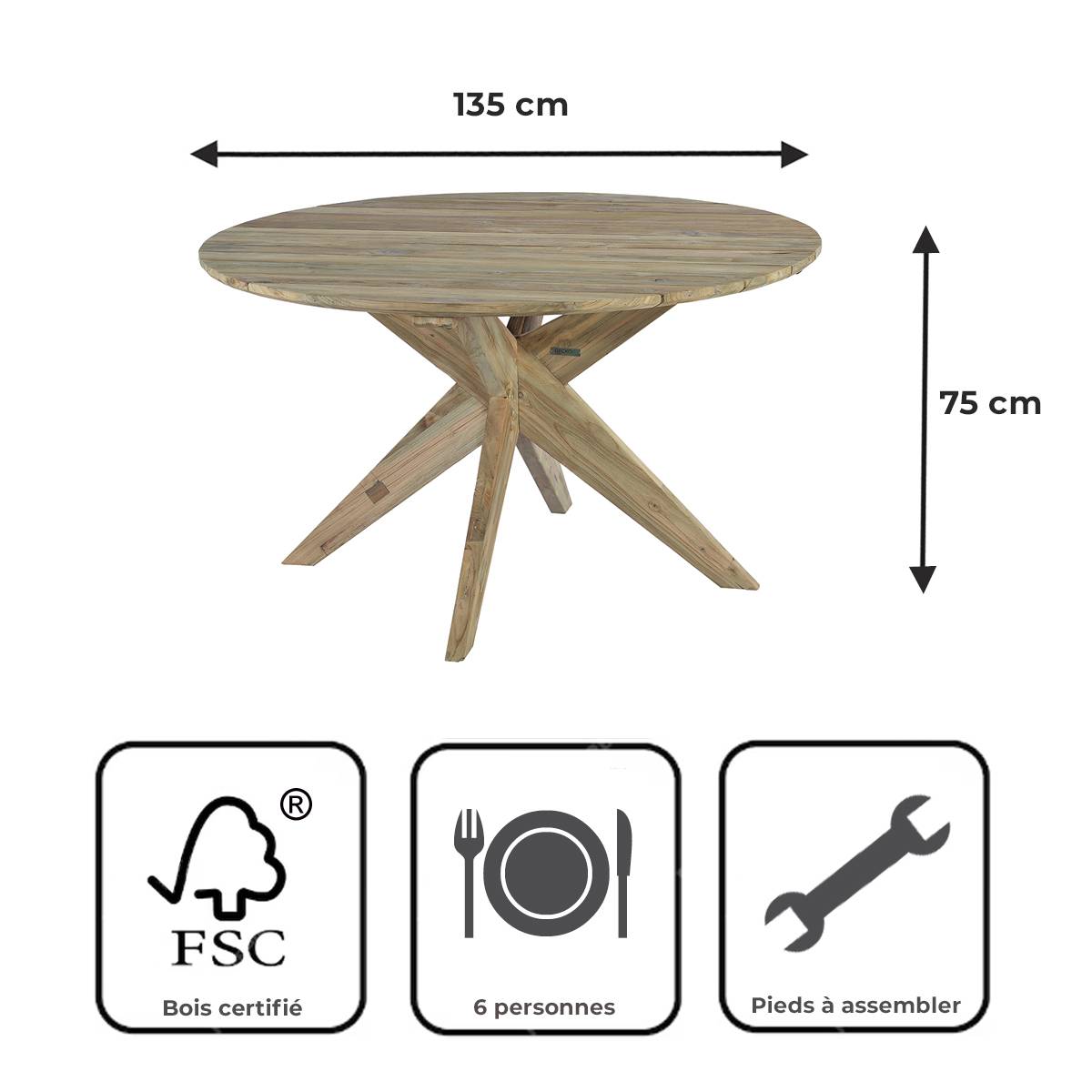 Table ronde en teck recyclé D 135 cm Sakai - Gecko Jardin - Imagen 9