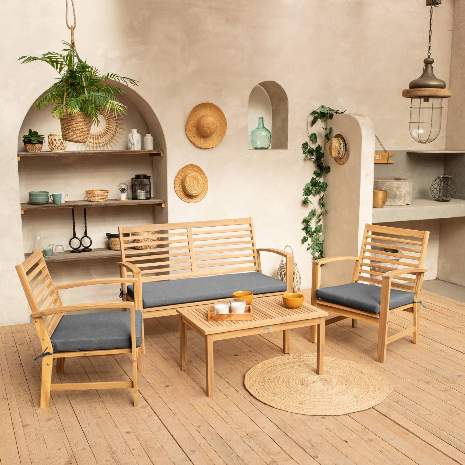 Salon de jardin en acacia 4 places GOA - coussins gris - HAPPY GARDEN - Image 2