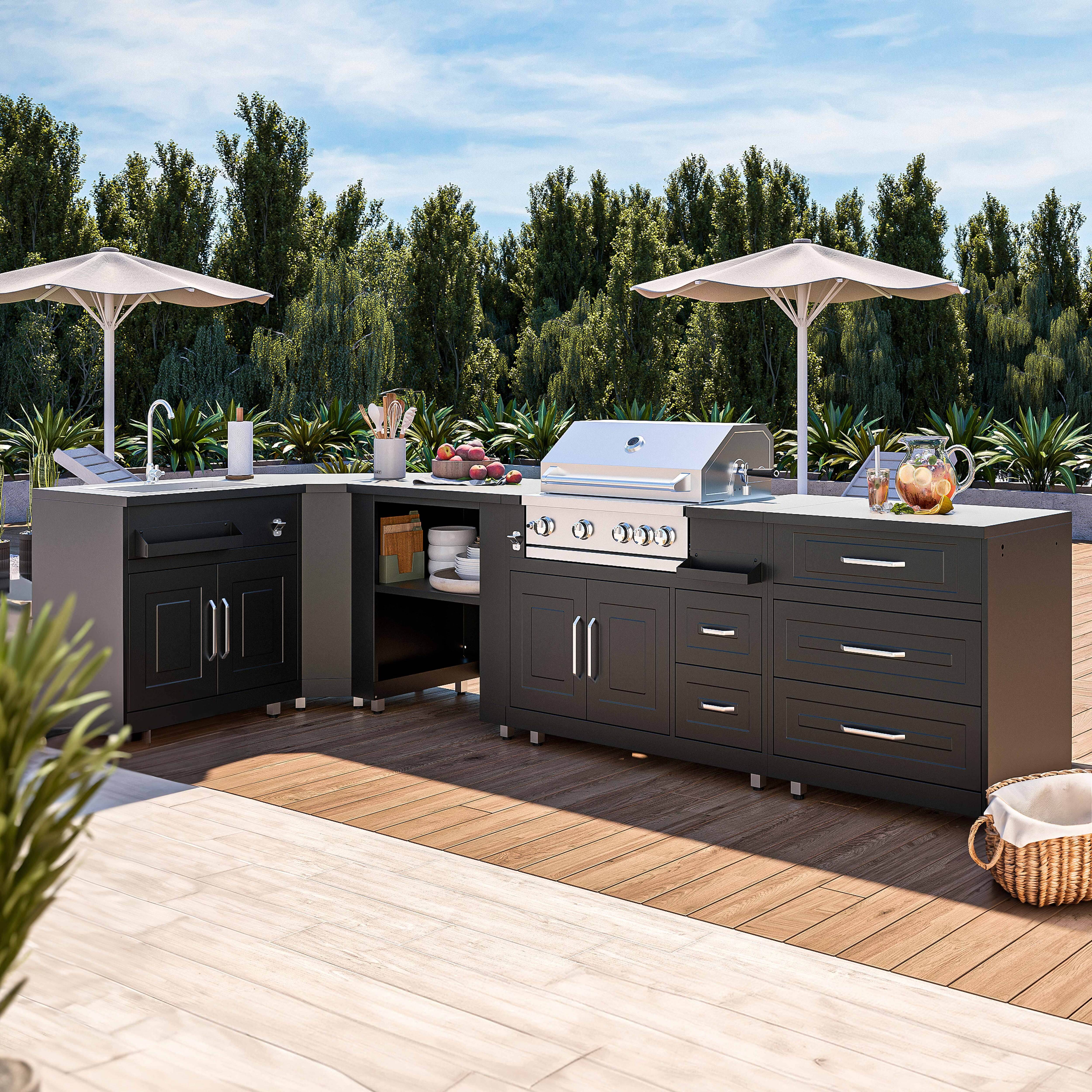Oviala - Cuisine d'extérieur angle 5 éléments avec évier et barbecue Memphis - Oviala - Imagen 1