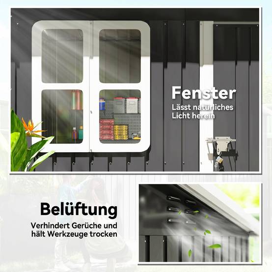 Abri jardin avec fenêtre porte verrouillable jardin terrasse acier 221Lx133Lx190Hcm gris - Image 7