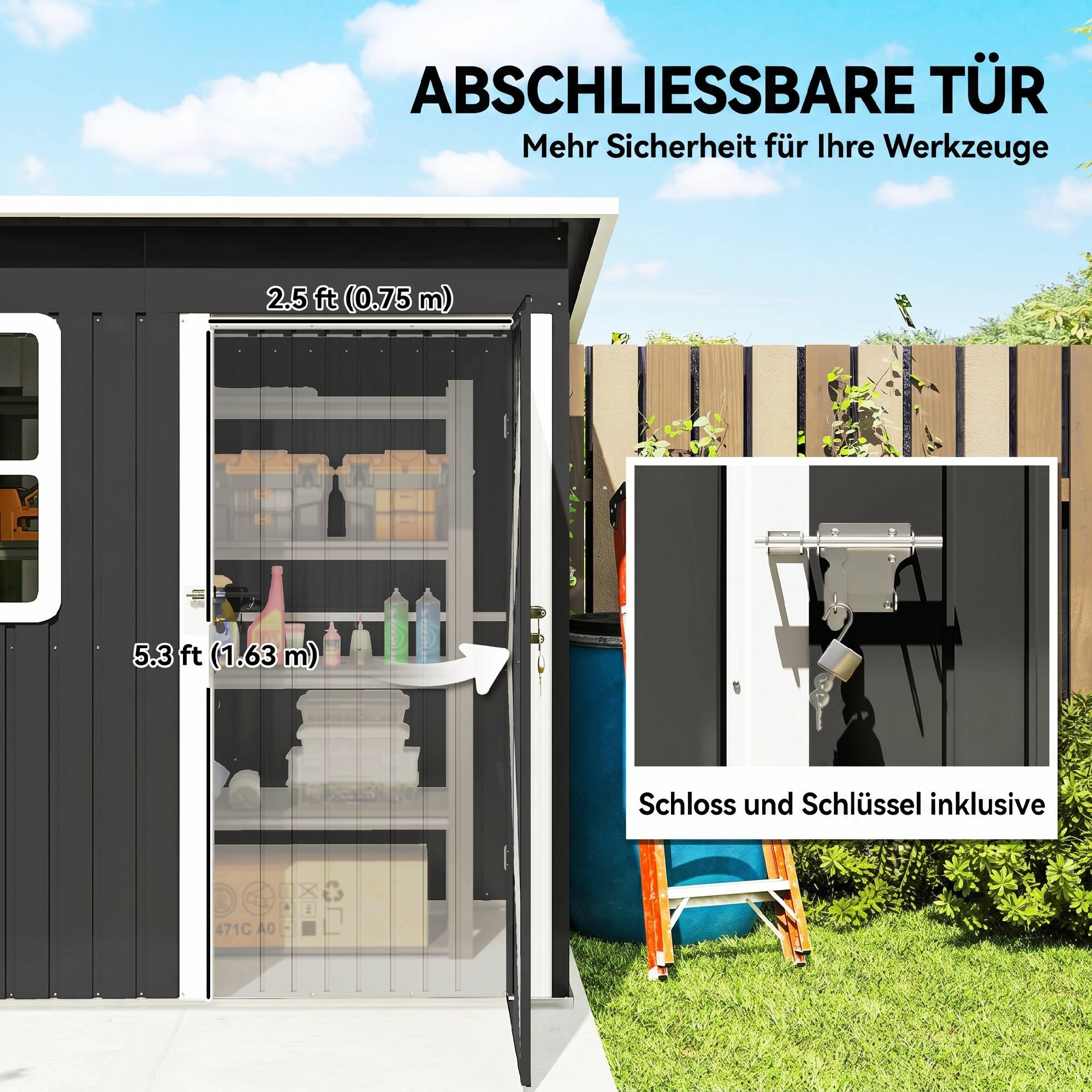 Abri jardin avec fenêtre porte verrouillable jardin terrasse acier 221Lx133Lx190Hcm gris - Image 8