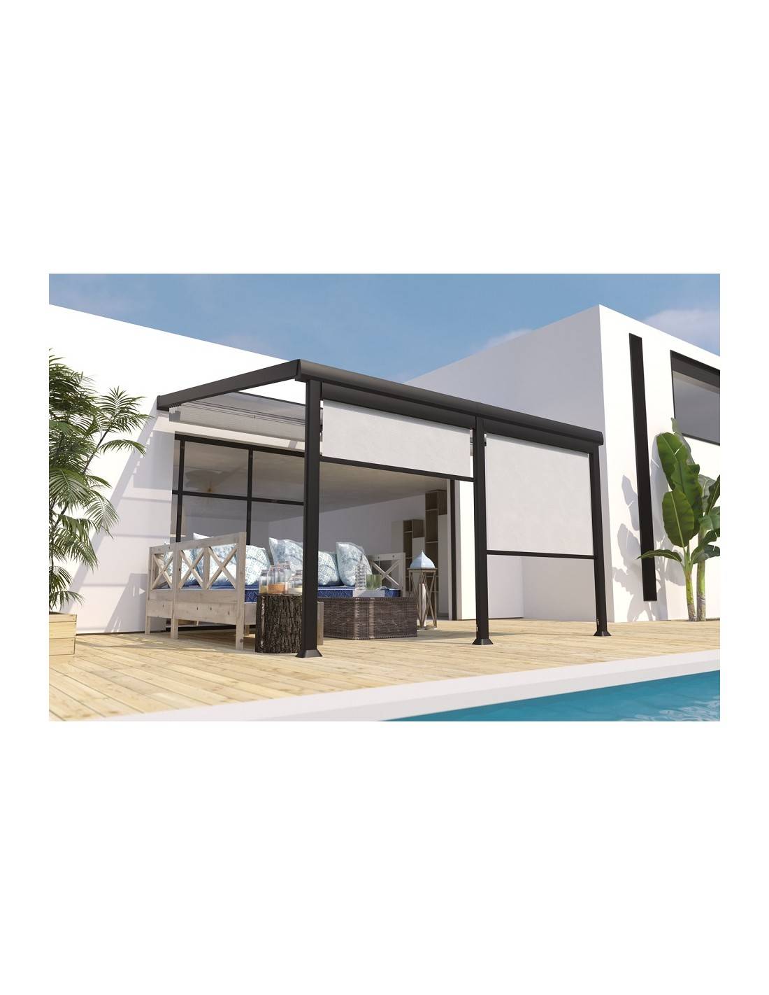 Couleurs du monde - Athezza - Pergola adossée en aluminium 3,5x4m et panneaux coulissants polycarbonate - Couleurs du Monde - Imagen 1