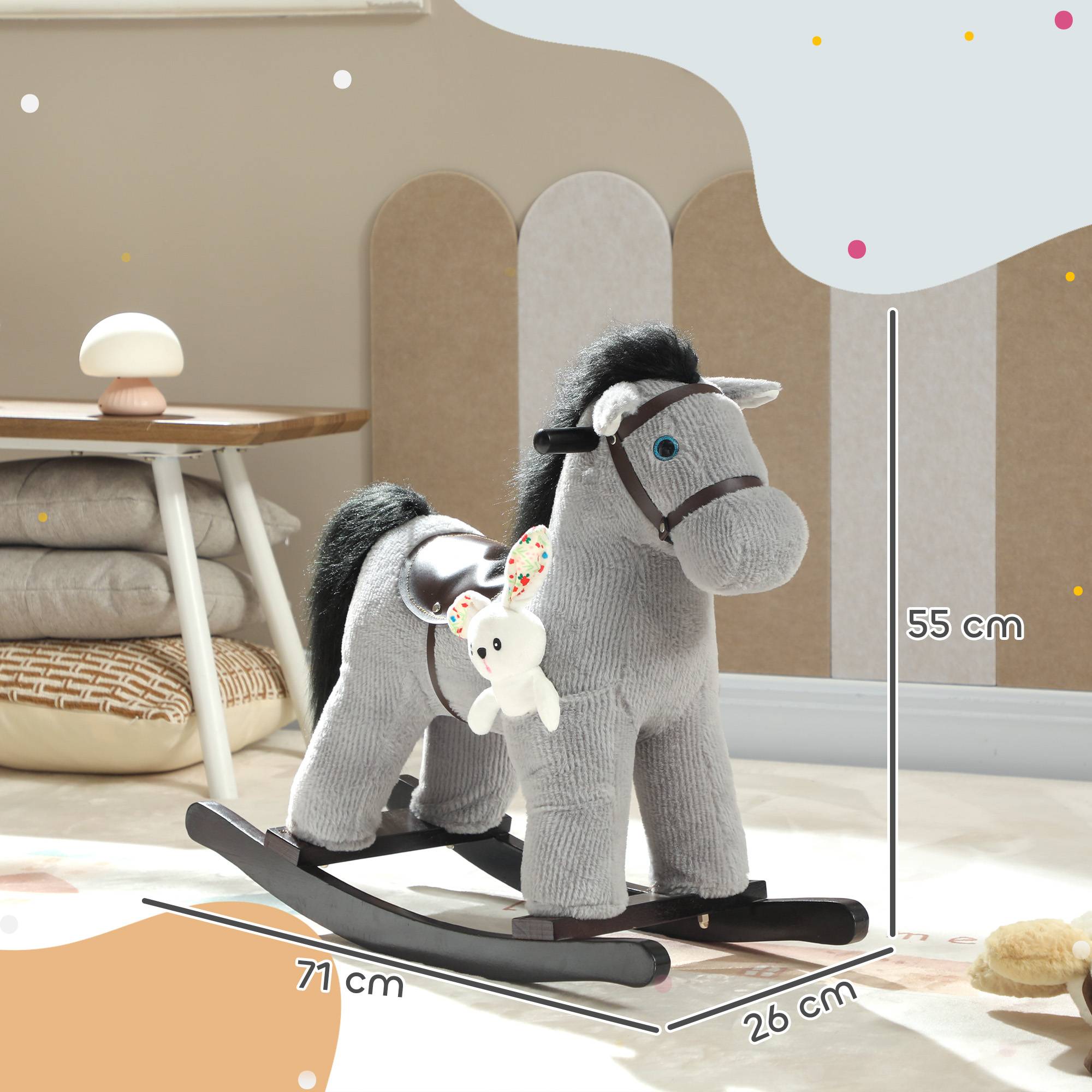 Cheval à bascule pour enfants, jouet à bascule bébé en peluche avec eouetffet sonore et poupée, 71 x 26 x 55 cm, gris - Image 5