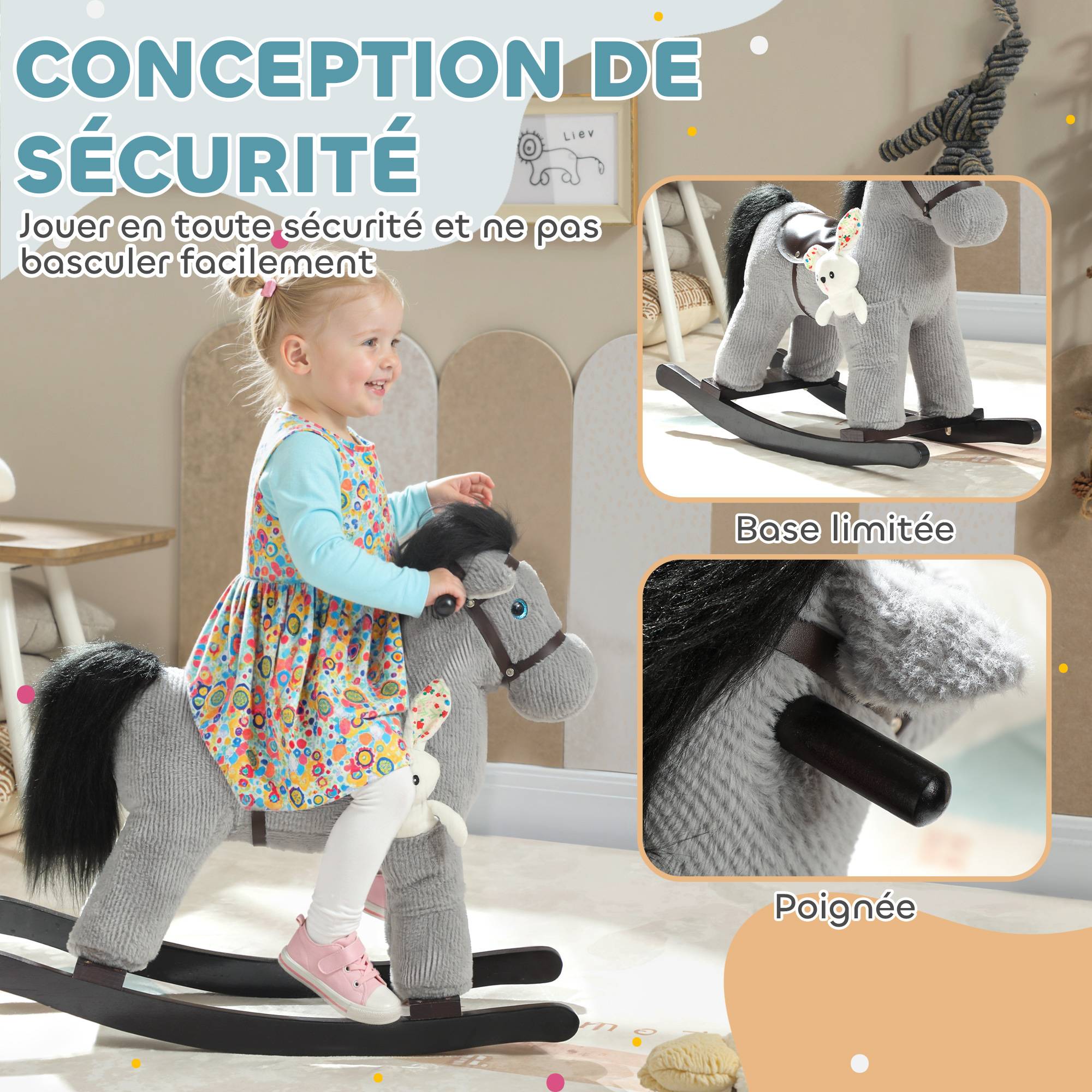 Cheval à bascule pour enfants, jouet à bascule bébé en peluche avec eouetffet sonore et poupée, 71 x 26 x 55 cm, gris - Image 7
