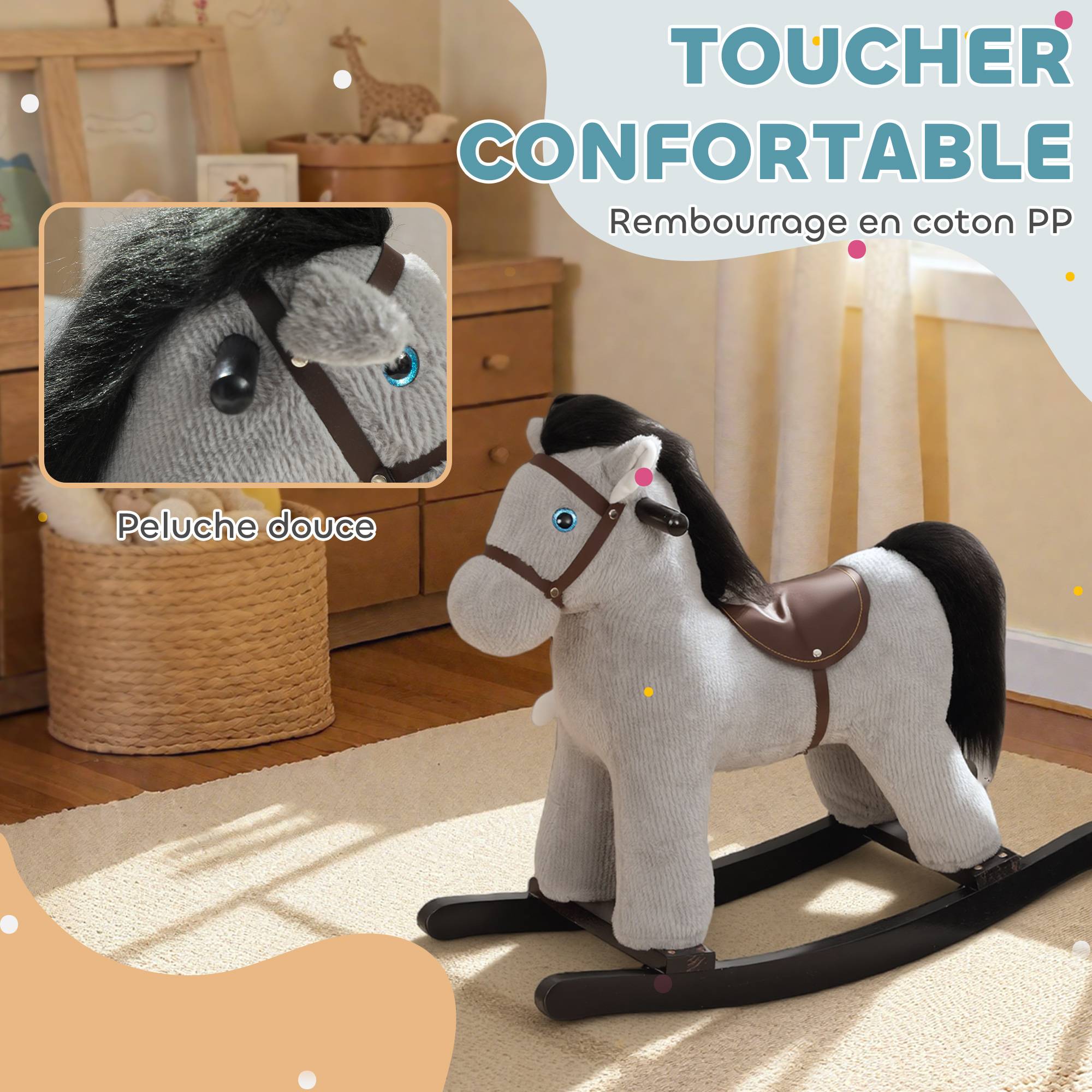 Cheval à bascule pour enfants, jouet à bascule bébé en peluche avec eouetffet sonore et poupée, 71 x 26 x 55 cm, gris - Image 8