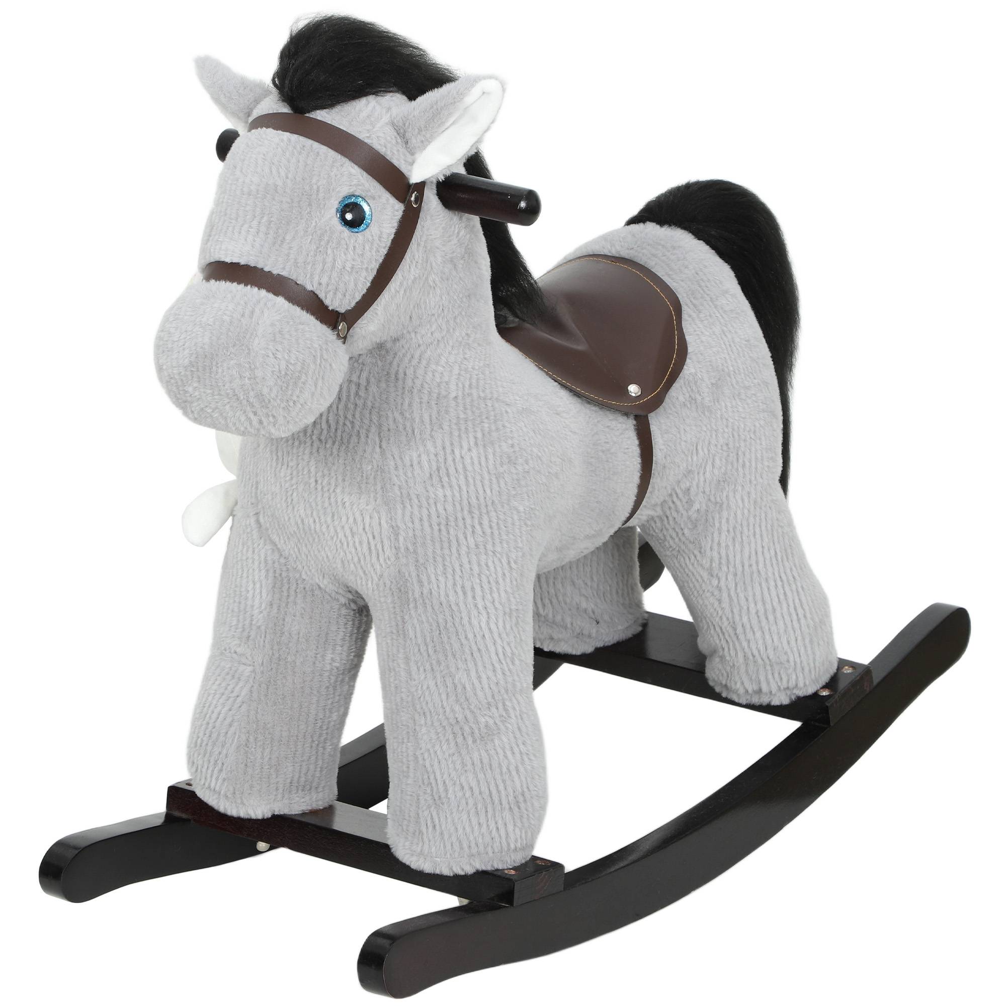 Cheval à bascule pour enfants, jouet à bascule bébé en peluche avec eouetffet sonore et poupée, 71 x 26 x 55 cm, gris - Image 1