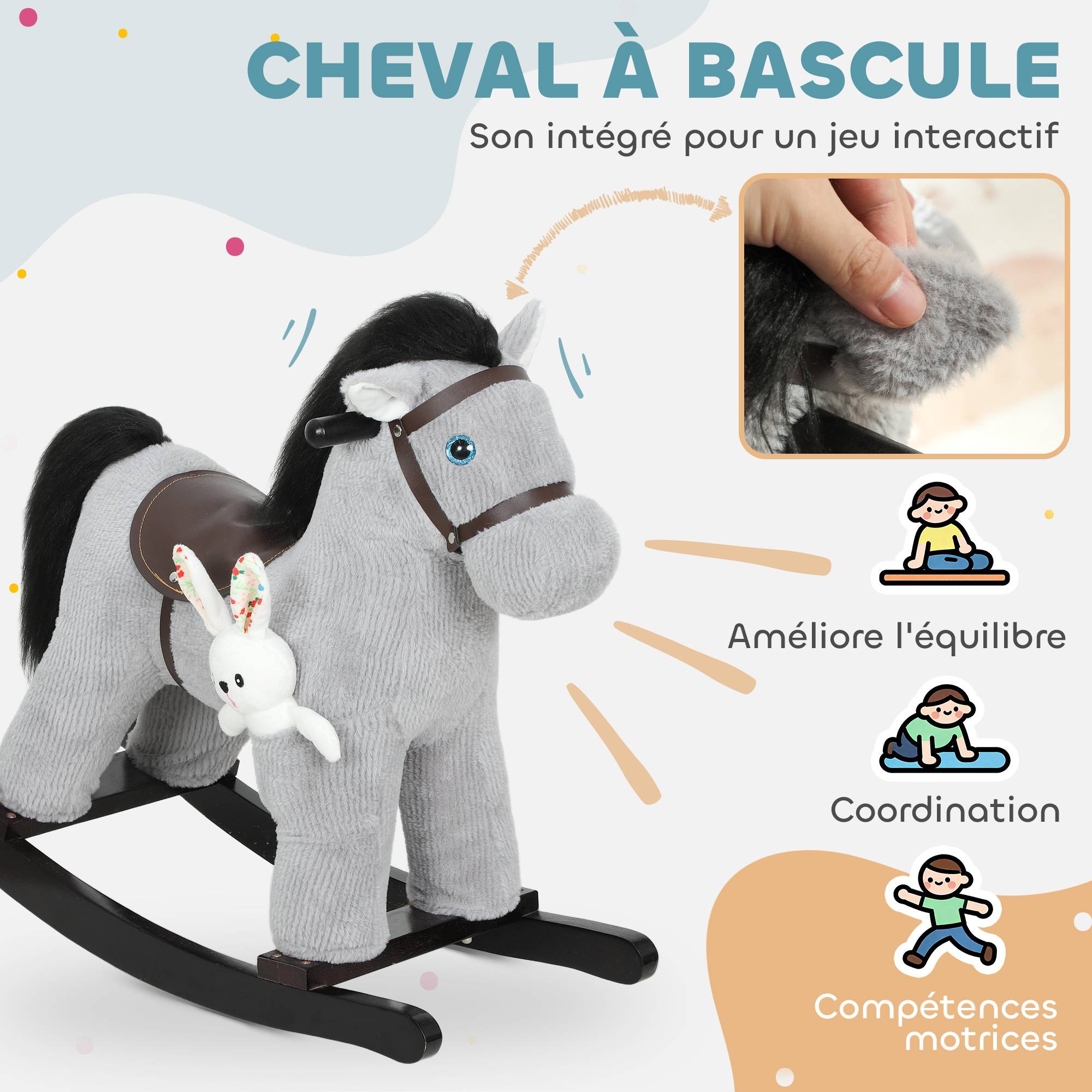 Cheval à bascule pour enfants, jouet à bascule bébé en peluche avec eouetffet sonore et poupée, 71 x 26 x 55 cm, gris - Image 6