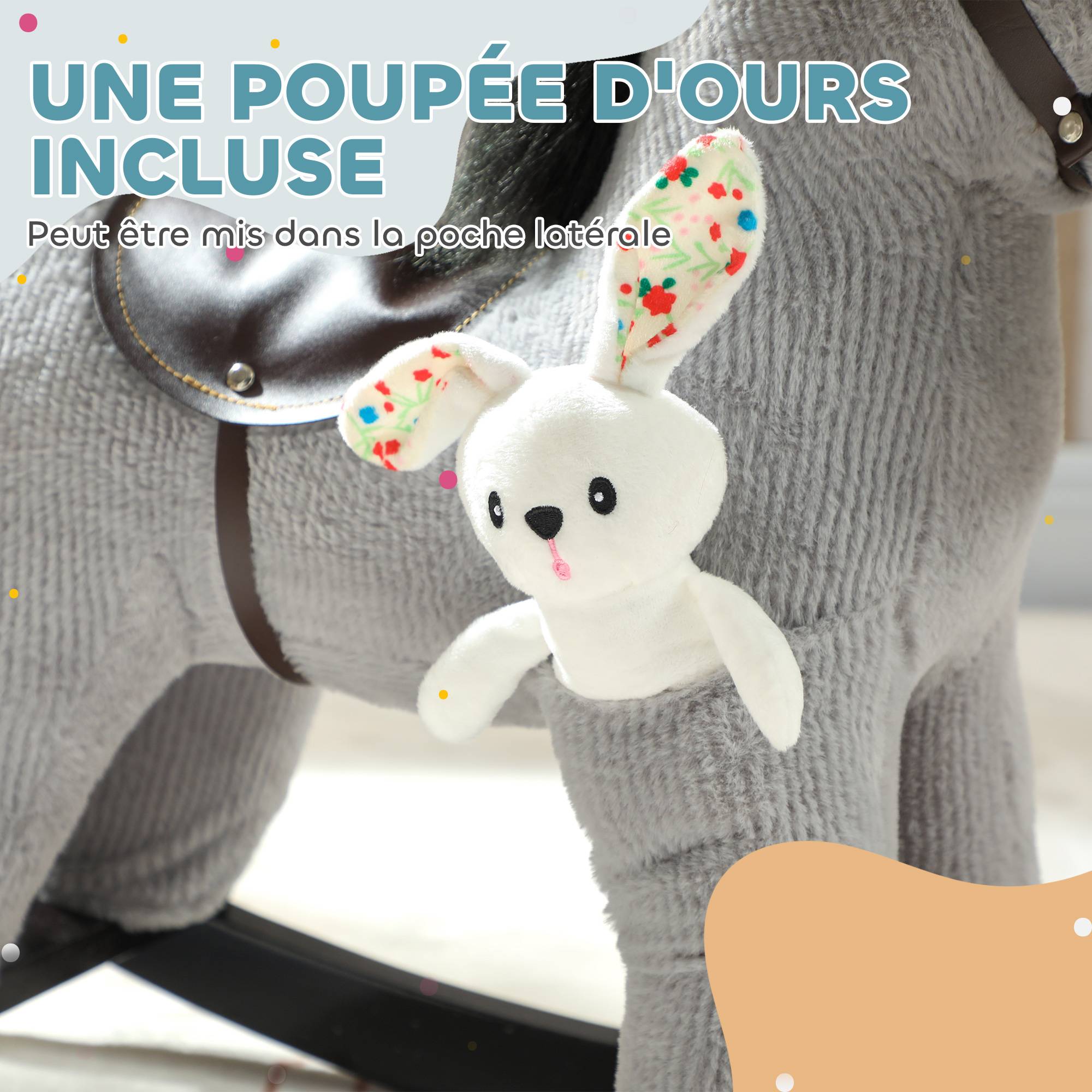 Cheval à bascule pour enfants, jouet à bascule bébé en peluche avec eouetffet sonore et poupée, 71 x 26 x 55 cm, gris - Image 9