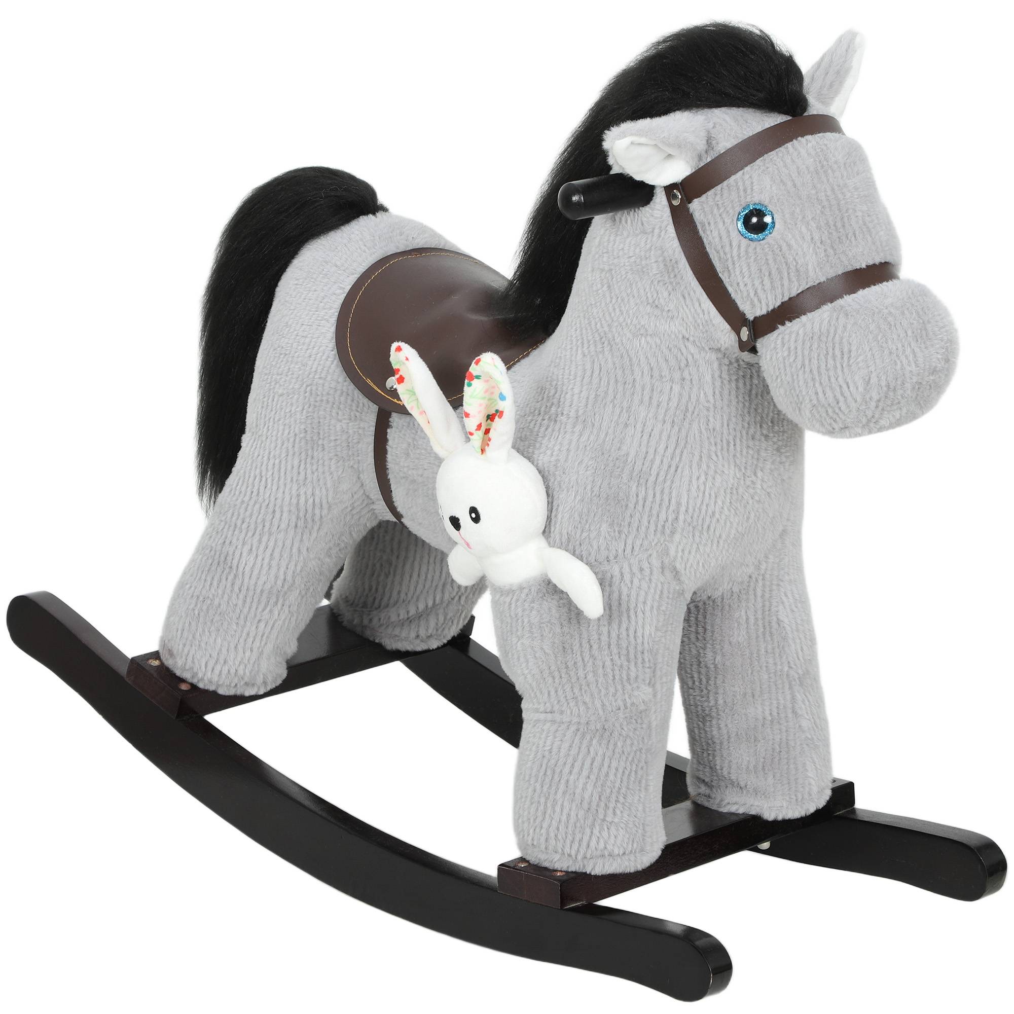 Cheval à bascule pour enfants, jouet à bascule bébé en peluche avec eouetffet sonore et poupée, 71 x 26 x 55 cm, gris - Image 2
