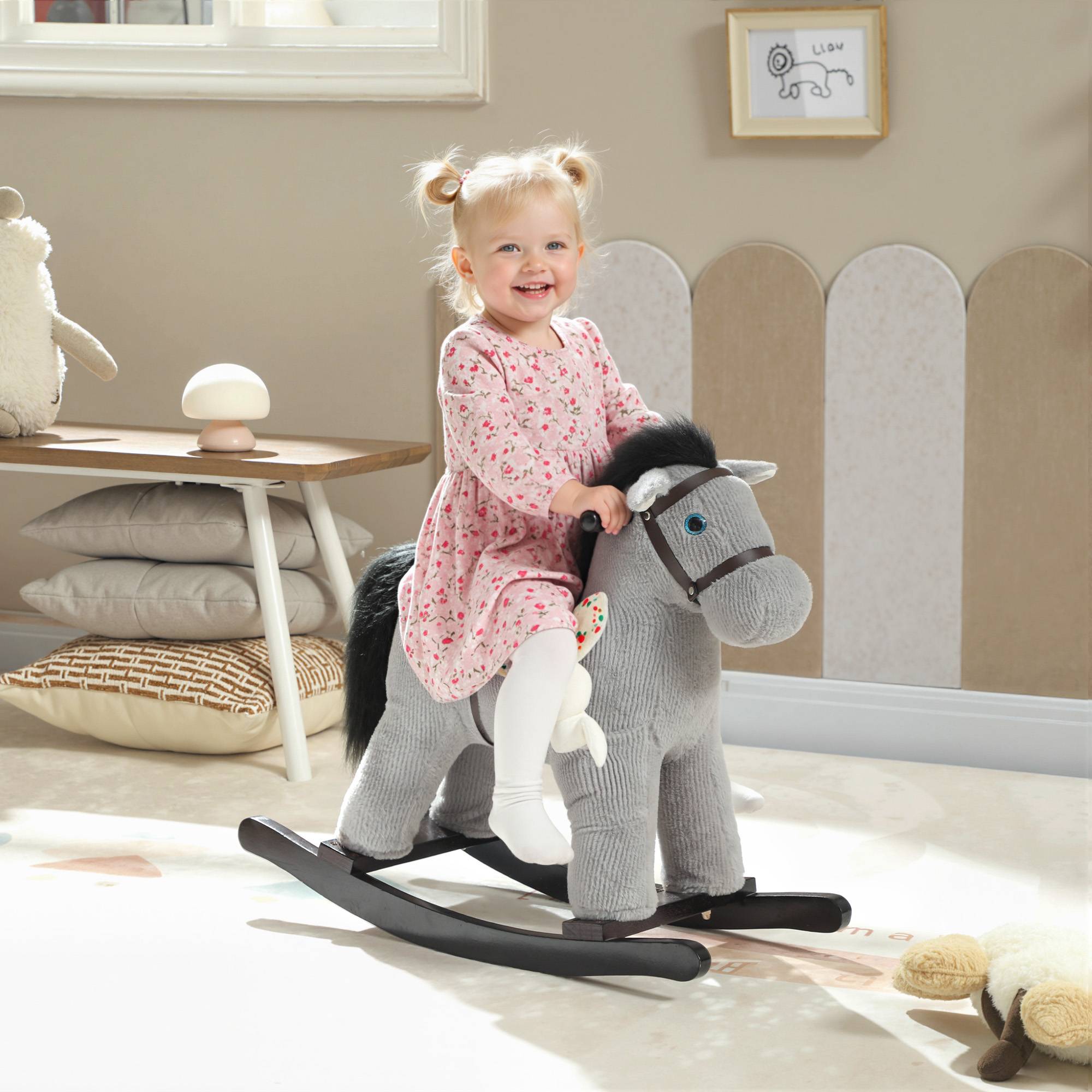 Cheval à bascule pour enfants, jouet à bascule bébé en peluche avec eouetffet sonore et poupée, 71 x 26 x 55 cm, gris - Image 3