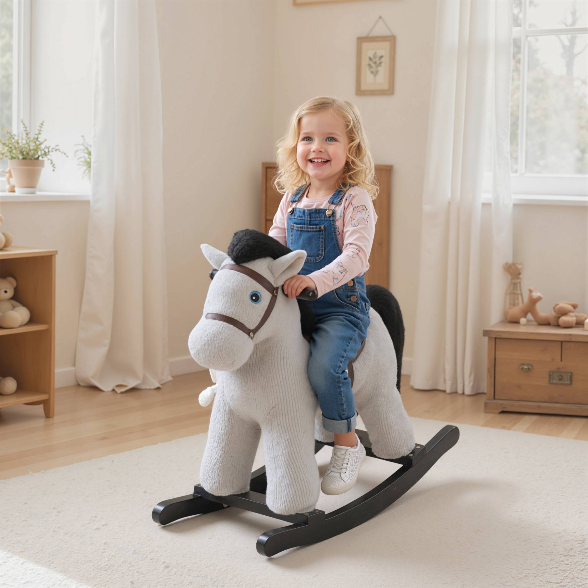 Cheval à bascule pour enfants, jouet à bascule bébé en peluche avec eouetffet sonore et poupée, 71 x 26 x 55 cm, gris - Image 4