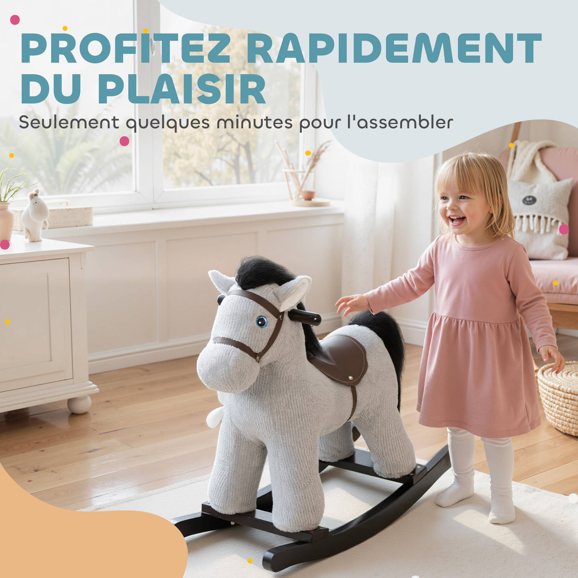 Cheval à bascule pour enfants, jouet à bascule bébé en peluche avec eouetffet sonore et poupée, 71 x 26 x 55 cm, gris - Image 10
