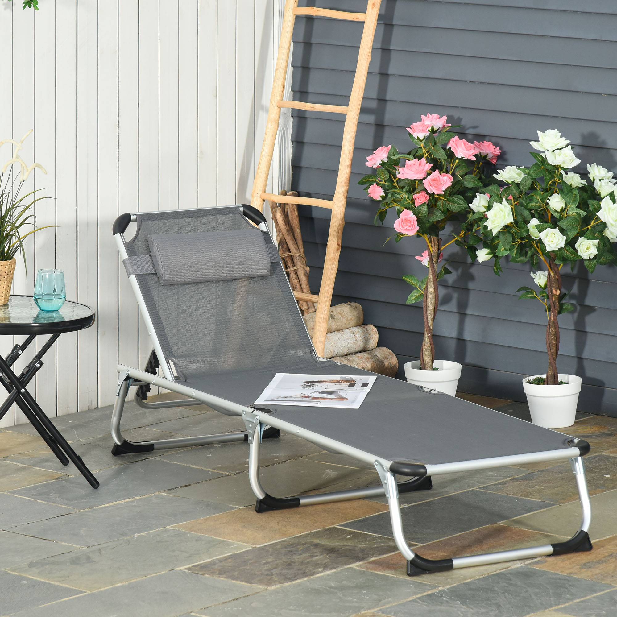 Bain de soleil pliant en aluminium pour jardin et terrasse dossier inclinable gris - ComfortXL Outdoor Living - Image 3