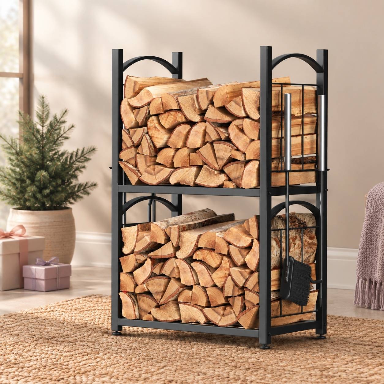 Support de Bûches 2 en 1 Intérieur Extérieur avec Accessoires Poêle - Image 2