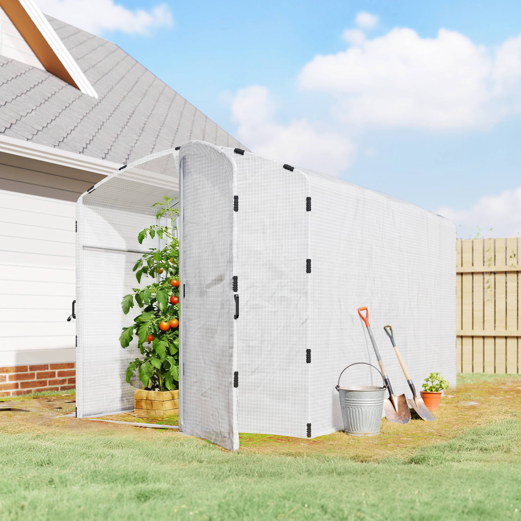 Serre tunnel de jardin 6m², serre de jardin tunnel 300x200x195cm bâche PE 220g/m² bords prolongés 50 cm avec porte blanc - Image 3