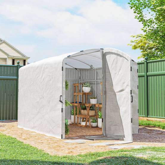 Serre tunnel de jardin 6m², serre de jardin tunnel 300x200x195cm bâche PE 220g/m² bords prolongés 50 cm avec porte blanc - Image 4