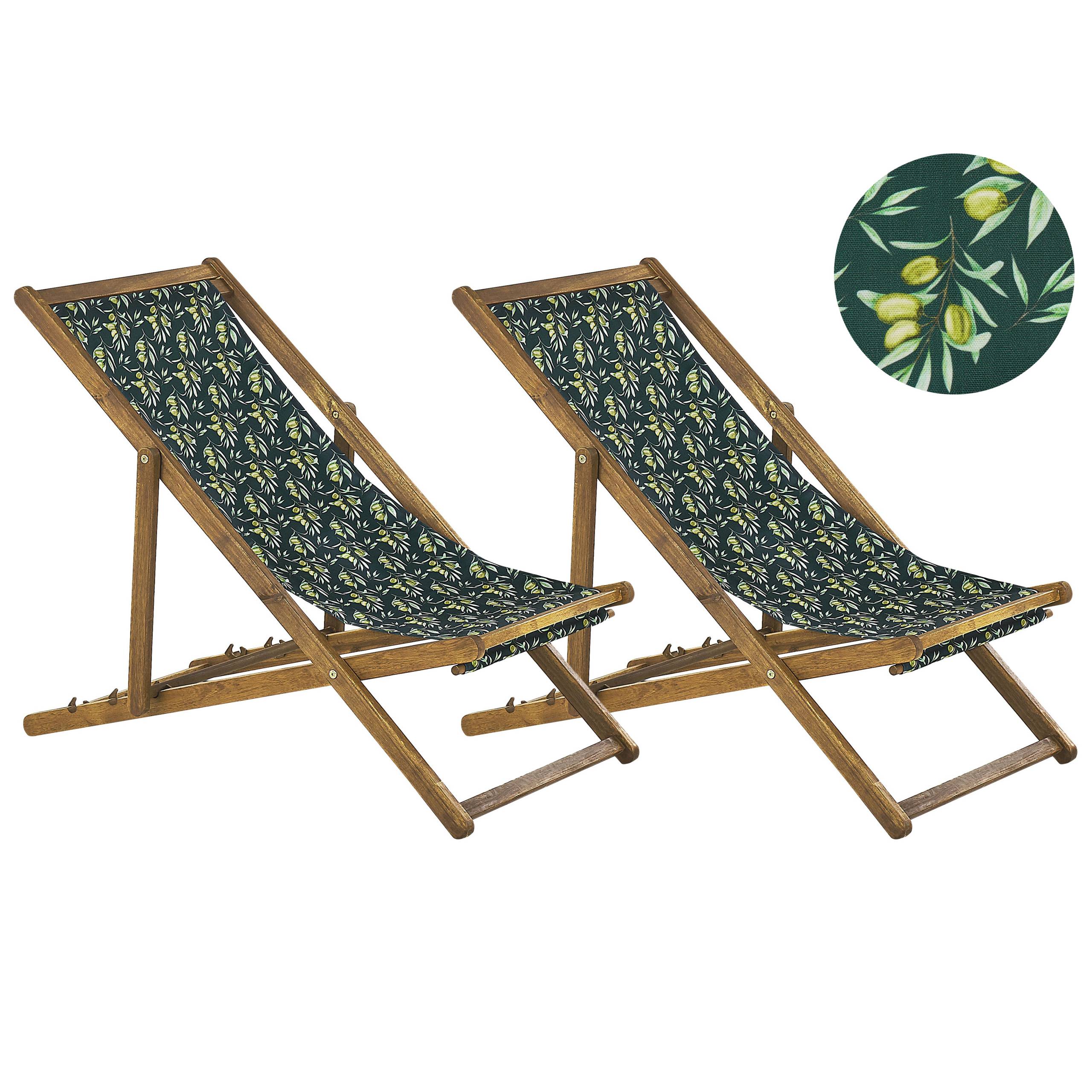 Beliani - 2 Transats Chiliennes Pliantes et Réglables en Bois d'Acacia Clair et Textile Motif Olives avec Toiles de Remplacement - Imagen 1