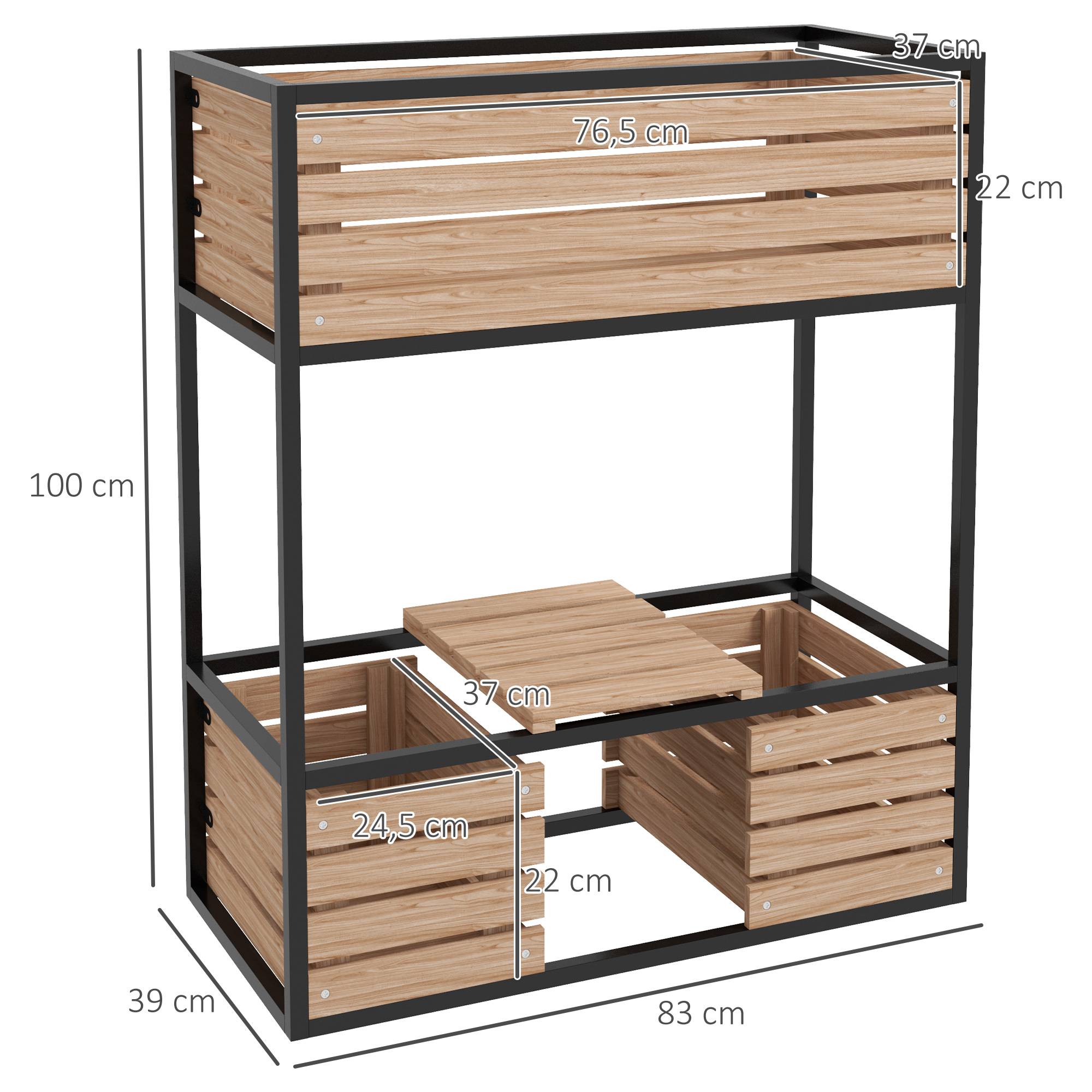 Sans Marque - Jardinière surélevée support fleurs bac 3 bacs 83x39x100 cm naturel/noir - Image 5