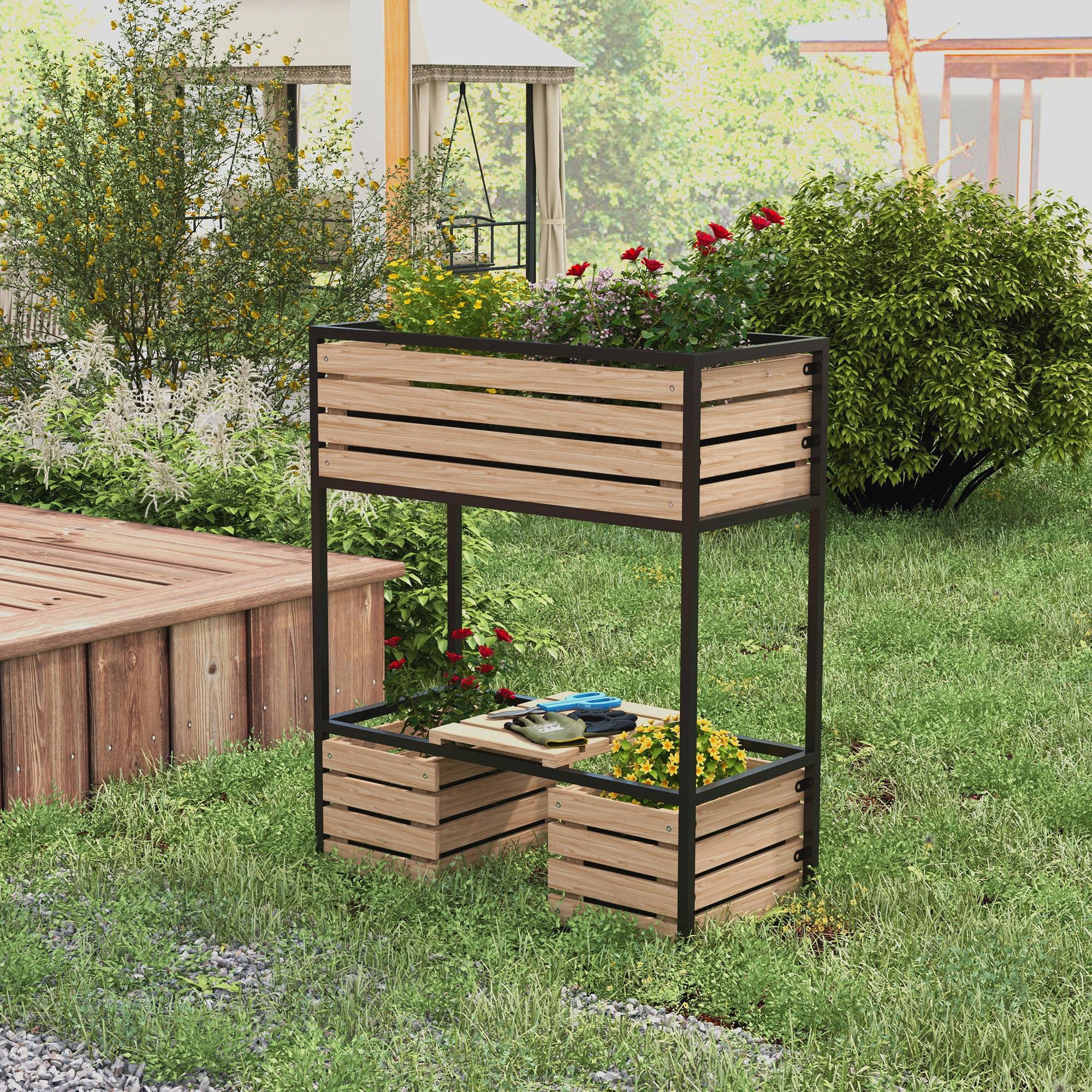 Sans Marque - Jardinière surélevée support fleurs bac 3 bacs 83x39x100 cm naturel/noir - Image 3