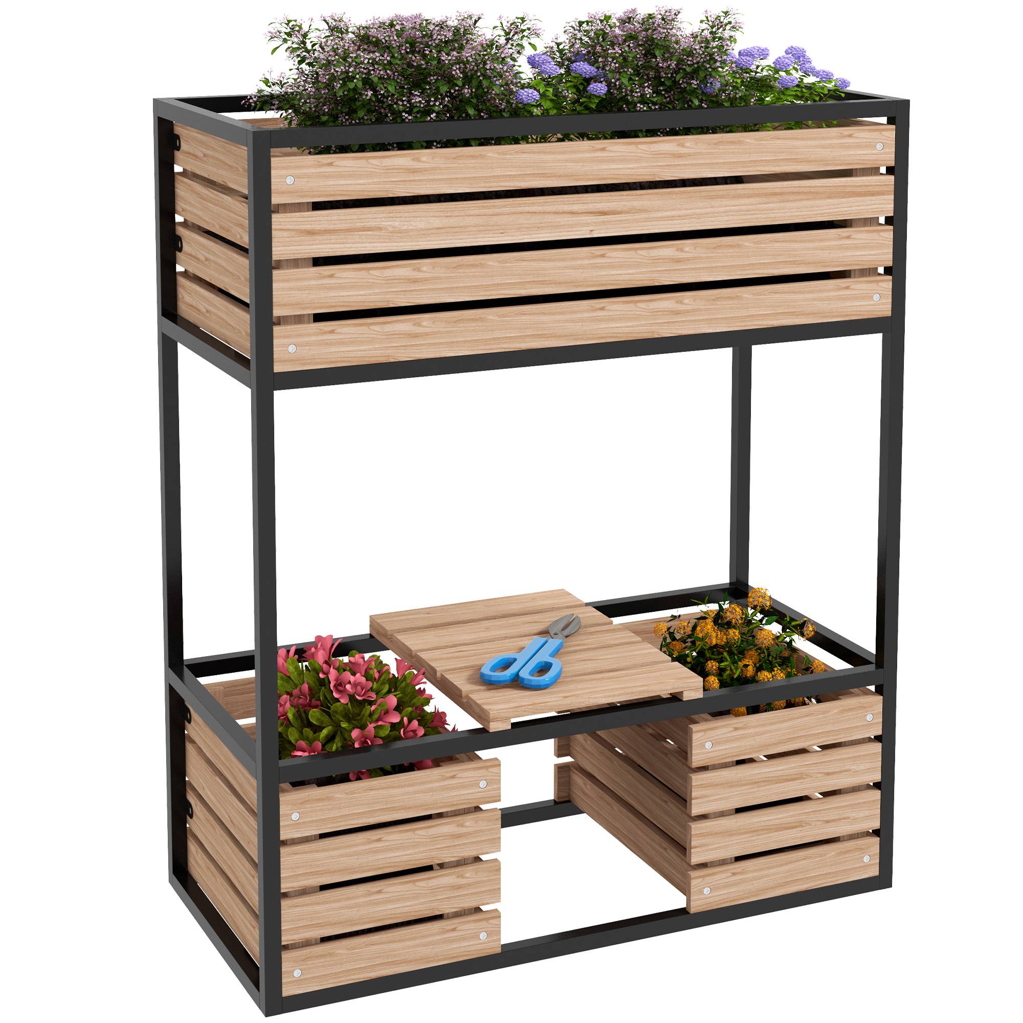 Sans Marque - Jardinière surélevée support fleurs bac 3 bacs 83x39x100 cm naturel/noir - Image 1