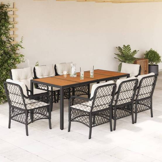 Salon de Jardin 8 Personnes Résine Tressée Coussins Confortables Table Bois Acacia Noir – ComfortXL Outdoor Living - Image 1
