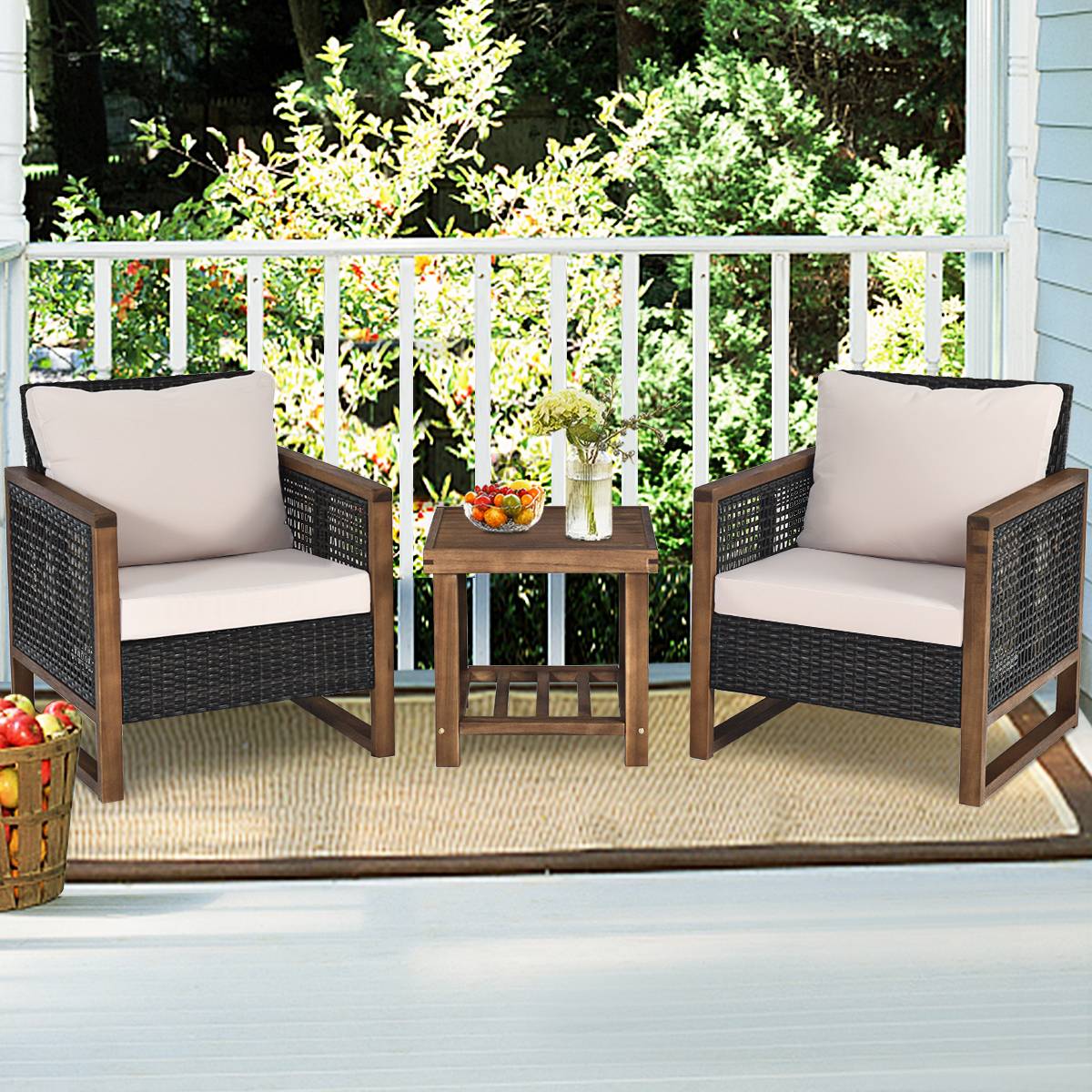 Ensemble Salon de Jardin en Bois d'Acacia Rotin Artisanal Anti-soleil Résistant aux Intempéries pour Porche Balcon Terrasse MAISON CHIC - Image 2