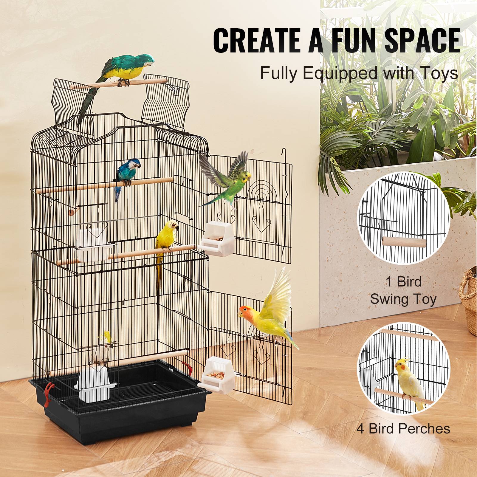 VEVOR Cage oiseau 45,7x35,5x92,5cm, métal suspendu, balançoire, perchoir, perruches - Image 3