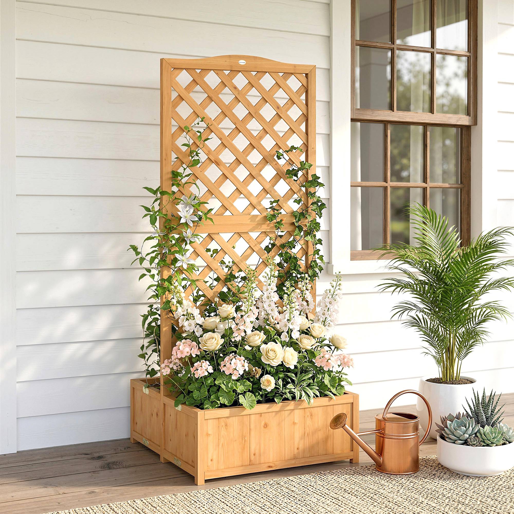 Jardinière treillis en bois pour plantes grimpantes avec 2 bacs pliables, fond à lattes, 73 x 70 x 170 cm, naturel - Image 4