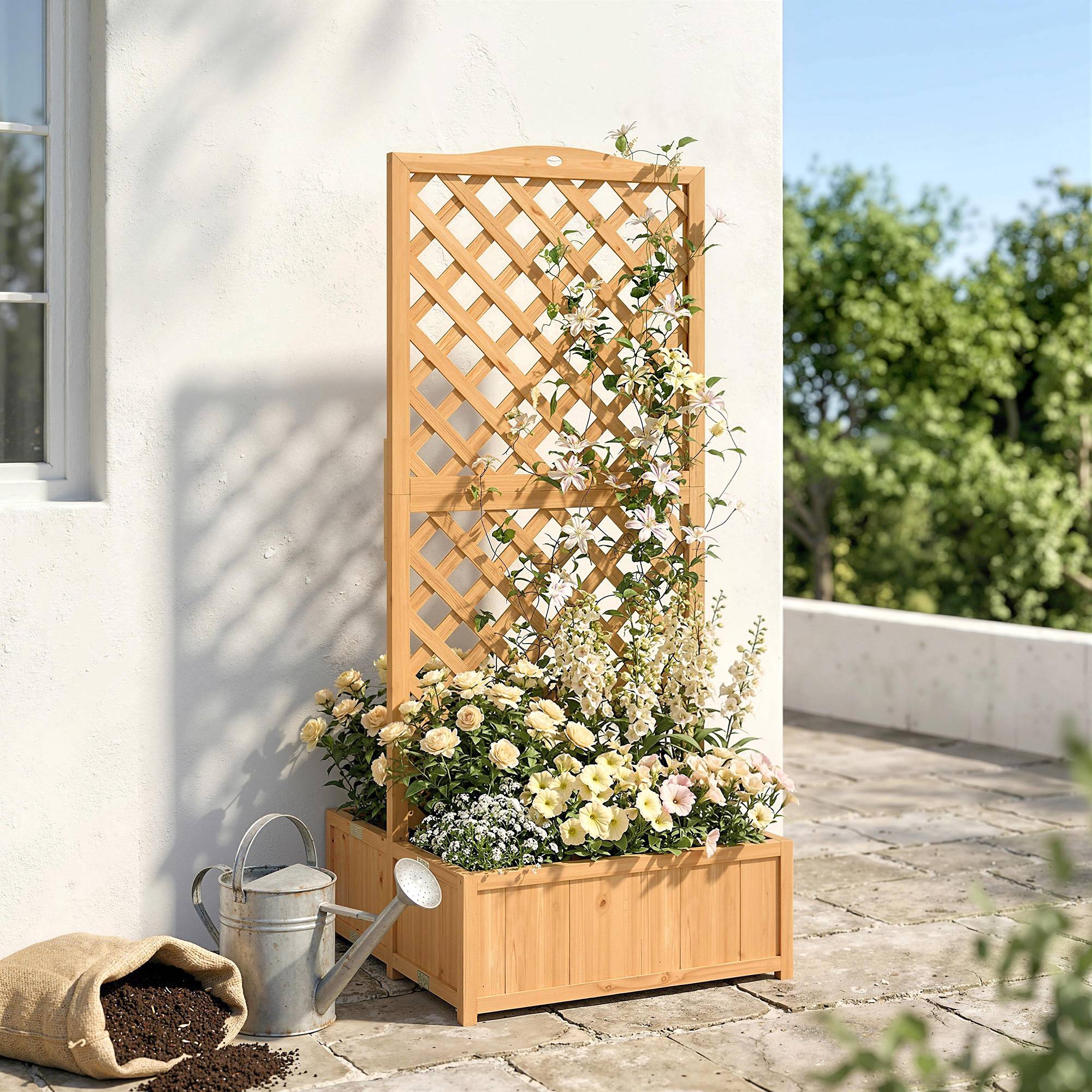 Jardinière treillis en bois pour plantes grimpantes avec 2 bacs pliables, fond à lattes, 73 x 70 x 170 cm, naturel - Image 3