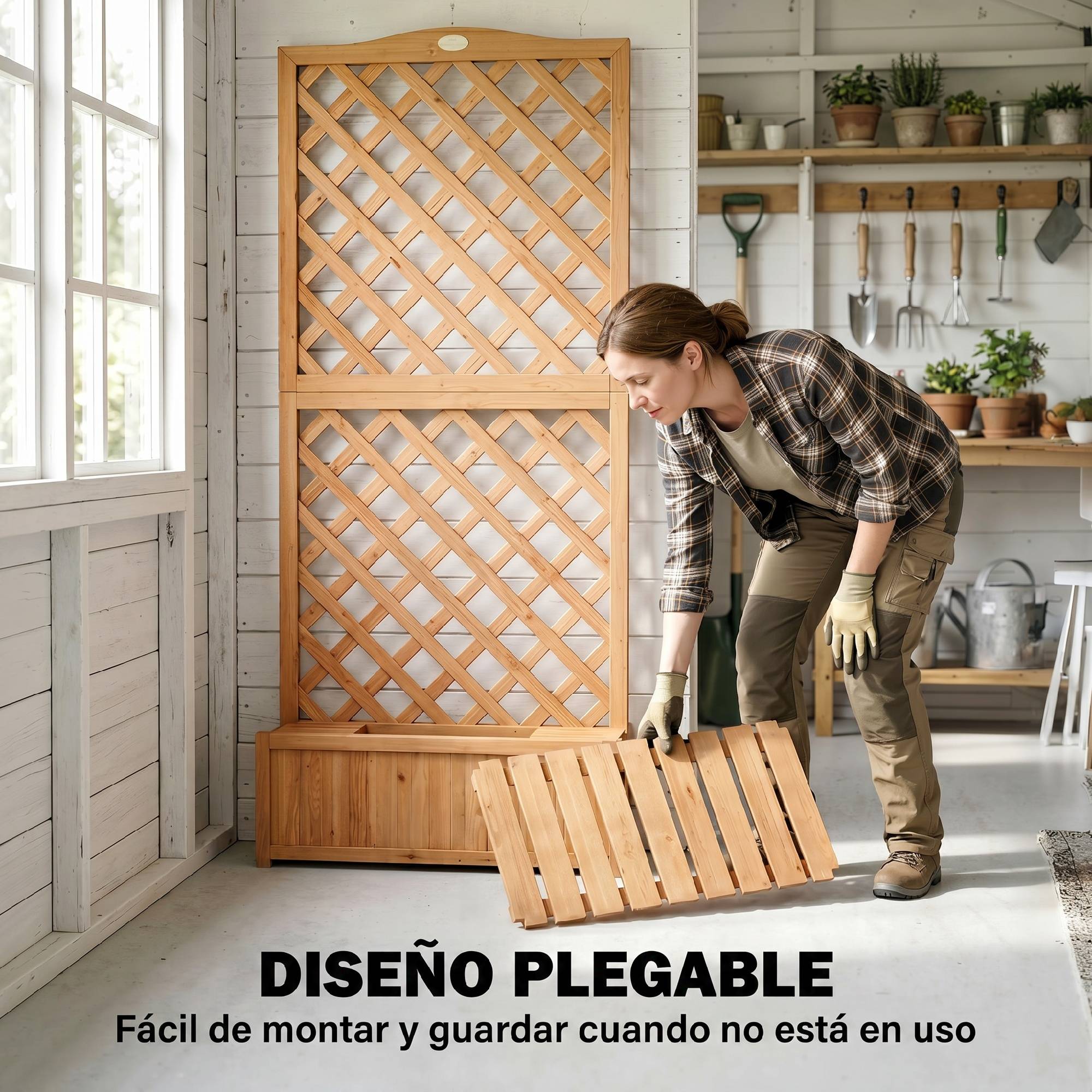 Jardinière treillis en bois pour plantes grimpantes avec 2 bacs pliables, fond à lattes, 73 x 70 x 170 cm, naturel - Image 7