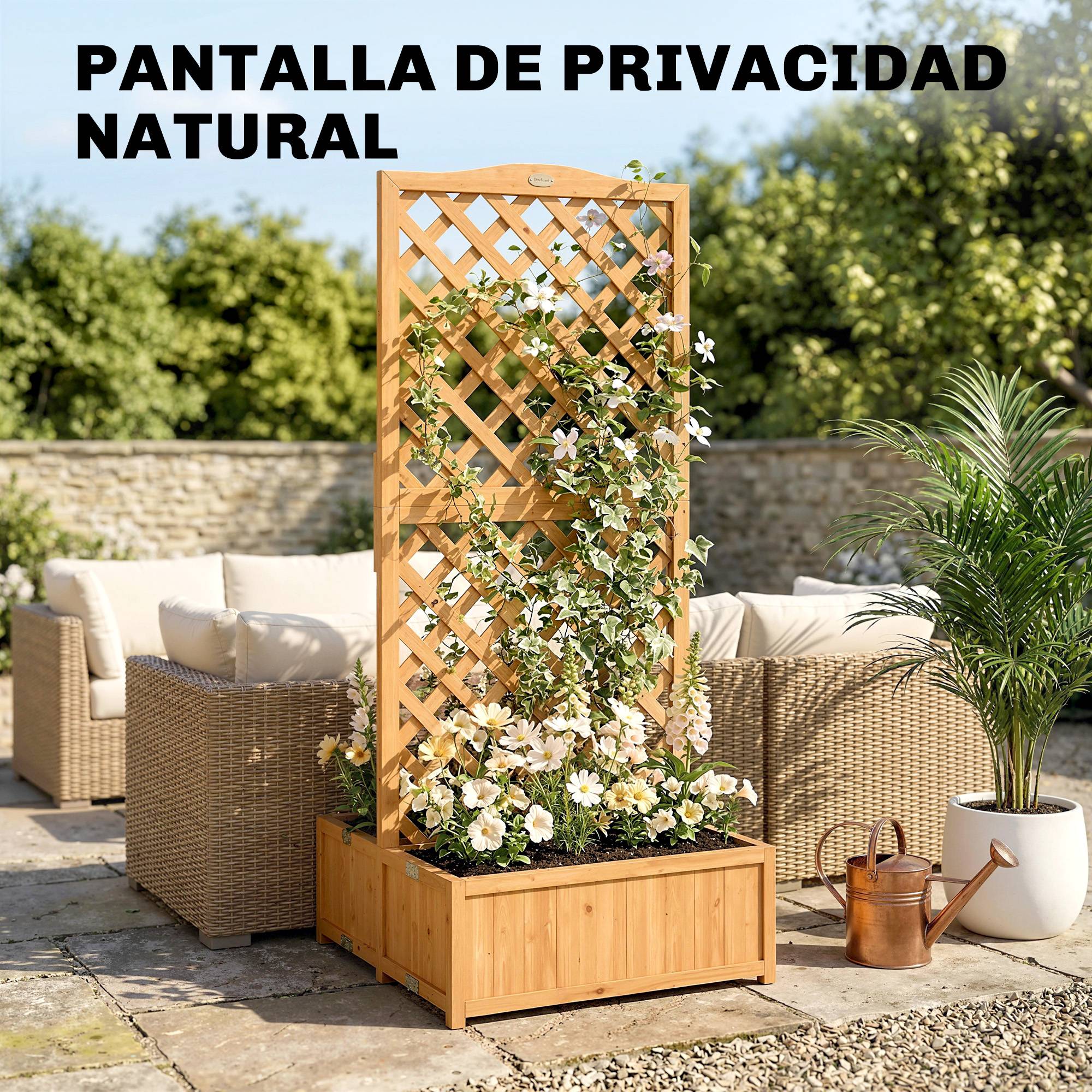 Jardinière treillis en bois pour plantes grimpantes avec 2 bacs pliables, fond à lattes, 73 x 70 x 170 cm, naturel - Image 9