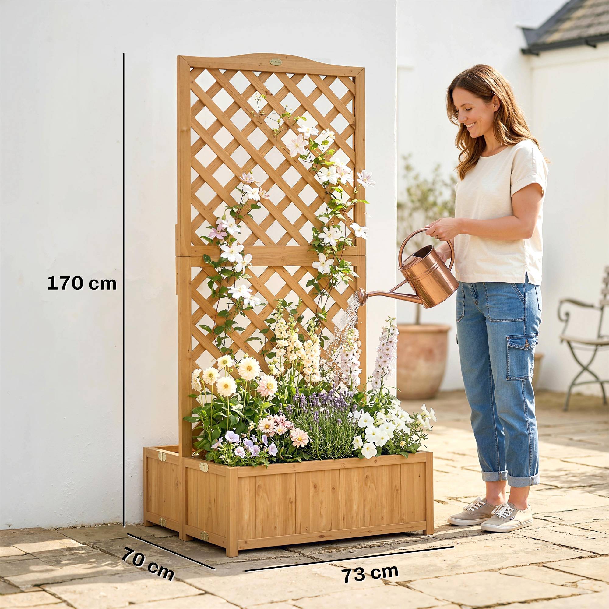 Jardinière treillis en bois pour plantes grimpantes avec 2 bacs pliables, fond à lattes, 73 x 70 x 170 cm, naturel - Image 5