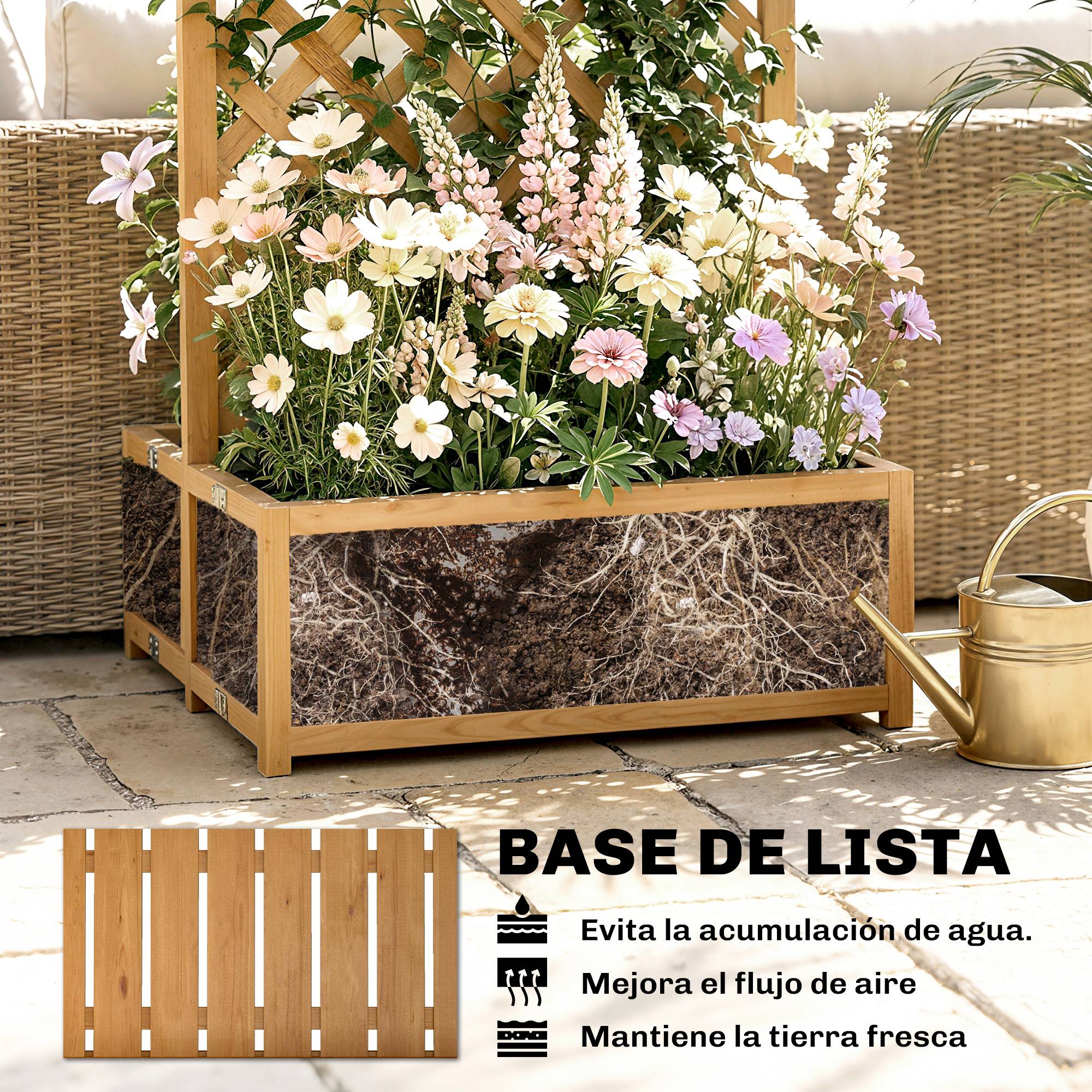 Jardinière treillis en bois pour plantes grimpantes avec 2 bacs pliables, fond à lattes, 73 x 70 x 170 cm, naturel - Image 10