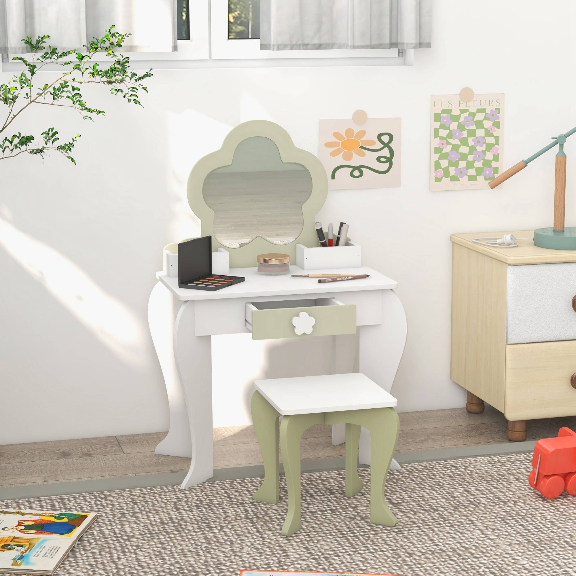 Sans Marque - Ensemble coiffeuse pour fille avec miroir de maquillage, tabouret en bois assorti, tiroir et rangements, blanc - Image 4