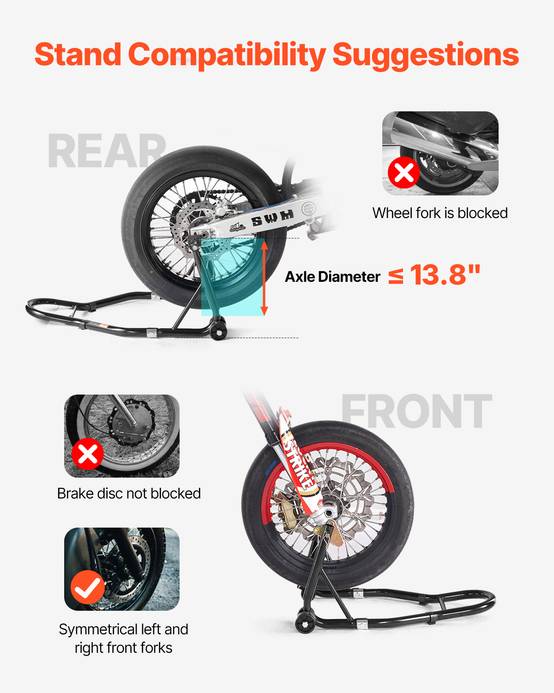 VEVOR Béquille moto avant/arrière charge 499kg, fourches double/U+L, bras oscillant, compatible Yamaha/Honda/etc. - Image 4