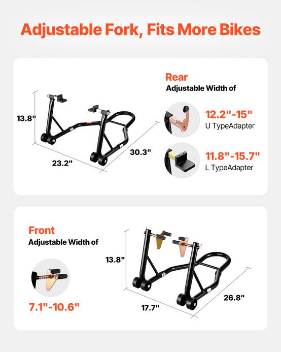 VEVOR Béquille moto avant/arrière charge 499kg, fourches double/U+L, bras oscillant, compatible Yamaha/Honda/etc. - Image 3